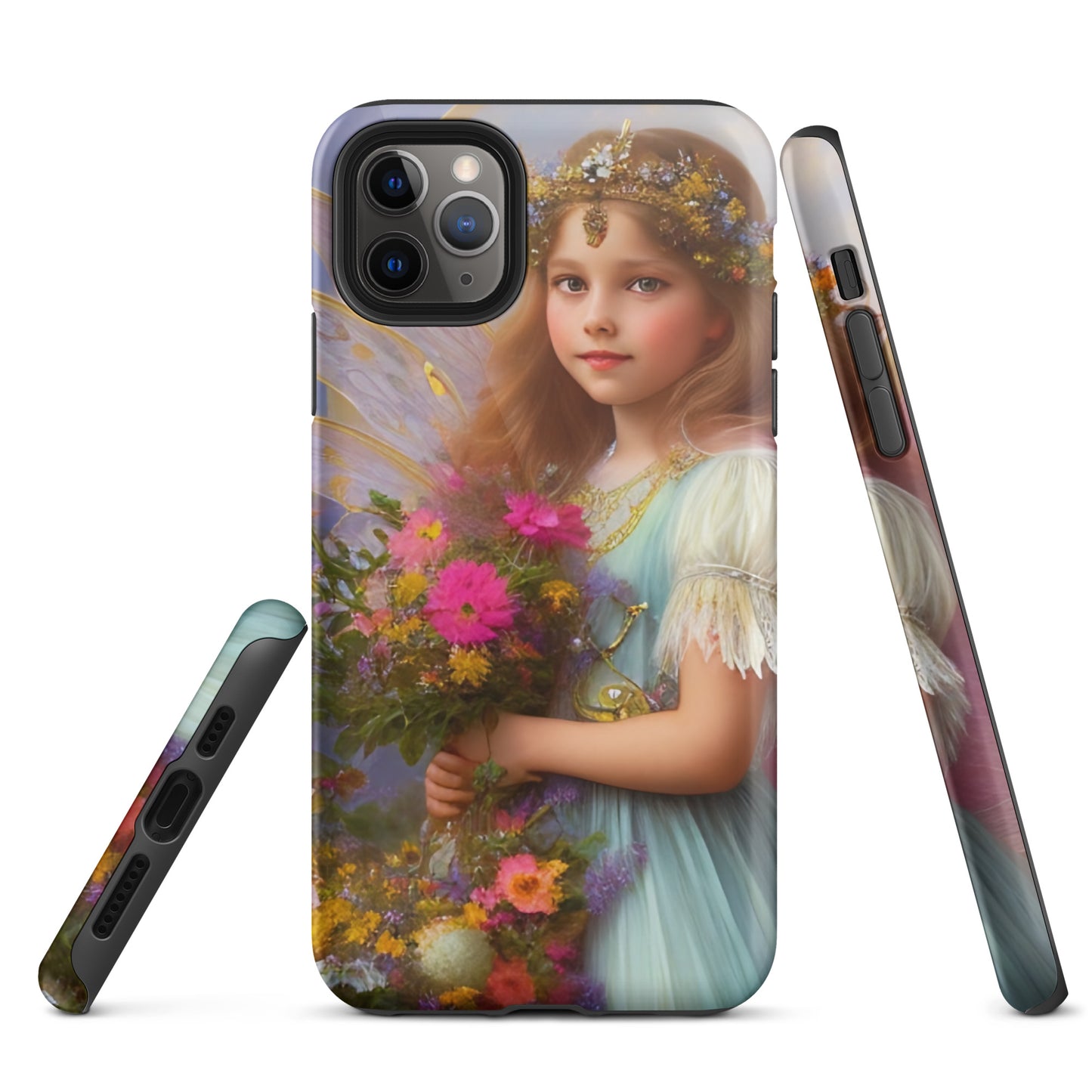 A picture of a iphone tough case with a beautiful young fairy princess, glittering crown and detailed dress. She is holding a bunch of colorful flowers and has very pretty fairy wings   - glossy-iphone-11-pro-max-front