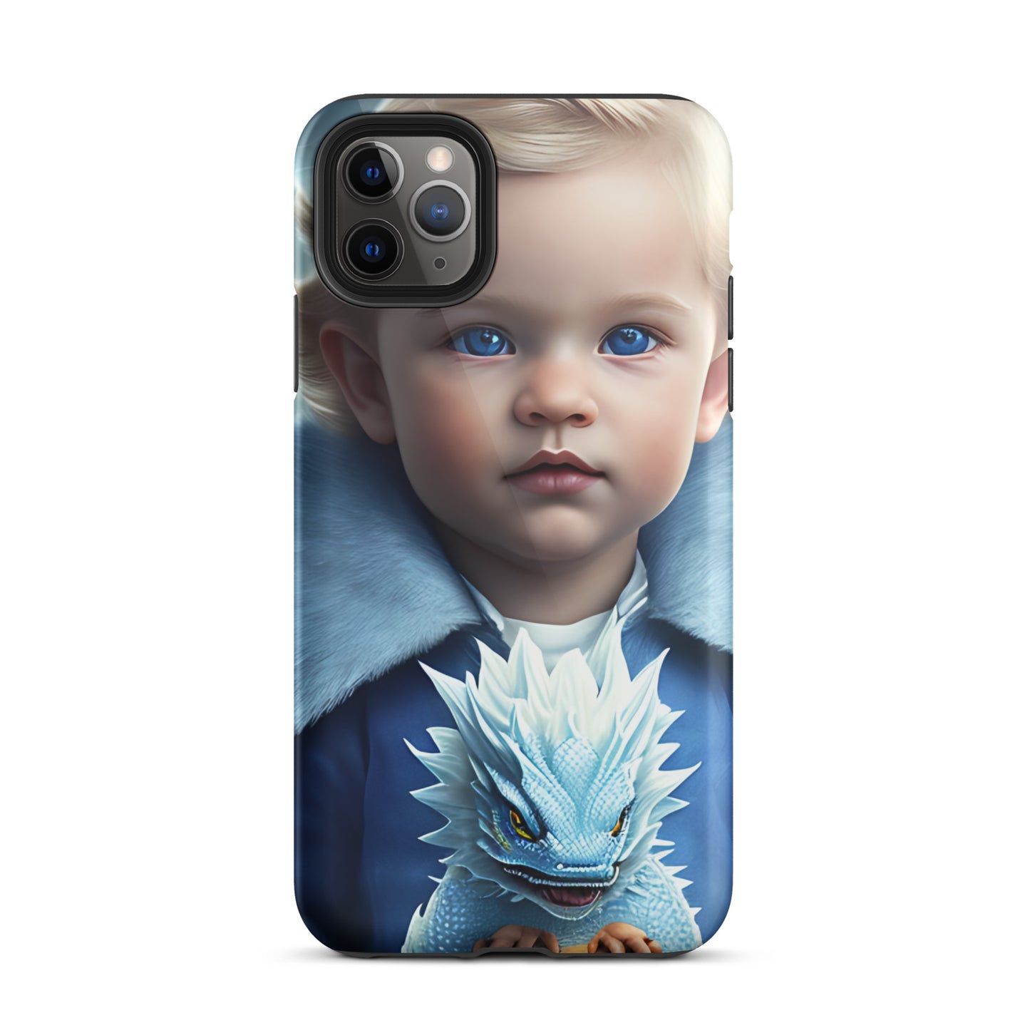 A picture of a an iphone case with a blond haired blue eyed boy, blue top holding a baby ice dragon in front - Dragon Prince #2 tough iphone case - glossy-iphone-11-pro-max-front