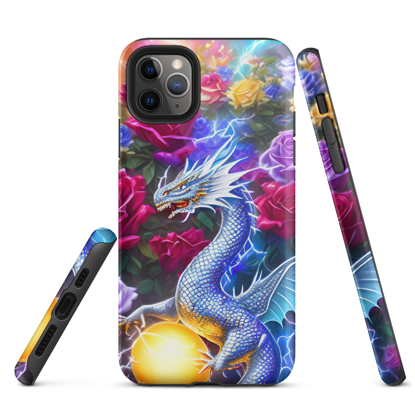 A fantasy picture of Dragon Garden #4 iPhone tough case with many colorful roses and in the middle is a white and blue dragon with a gold dragon egg and crackling lightning bolts - glossy-iphone-11-pro-max-front