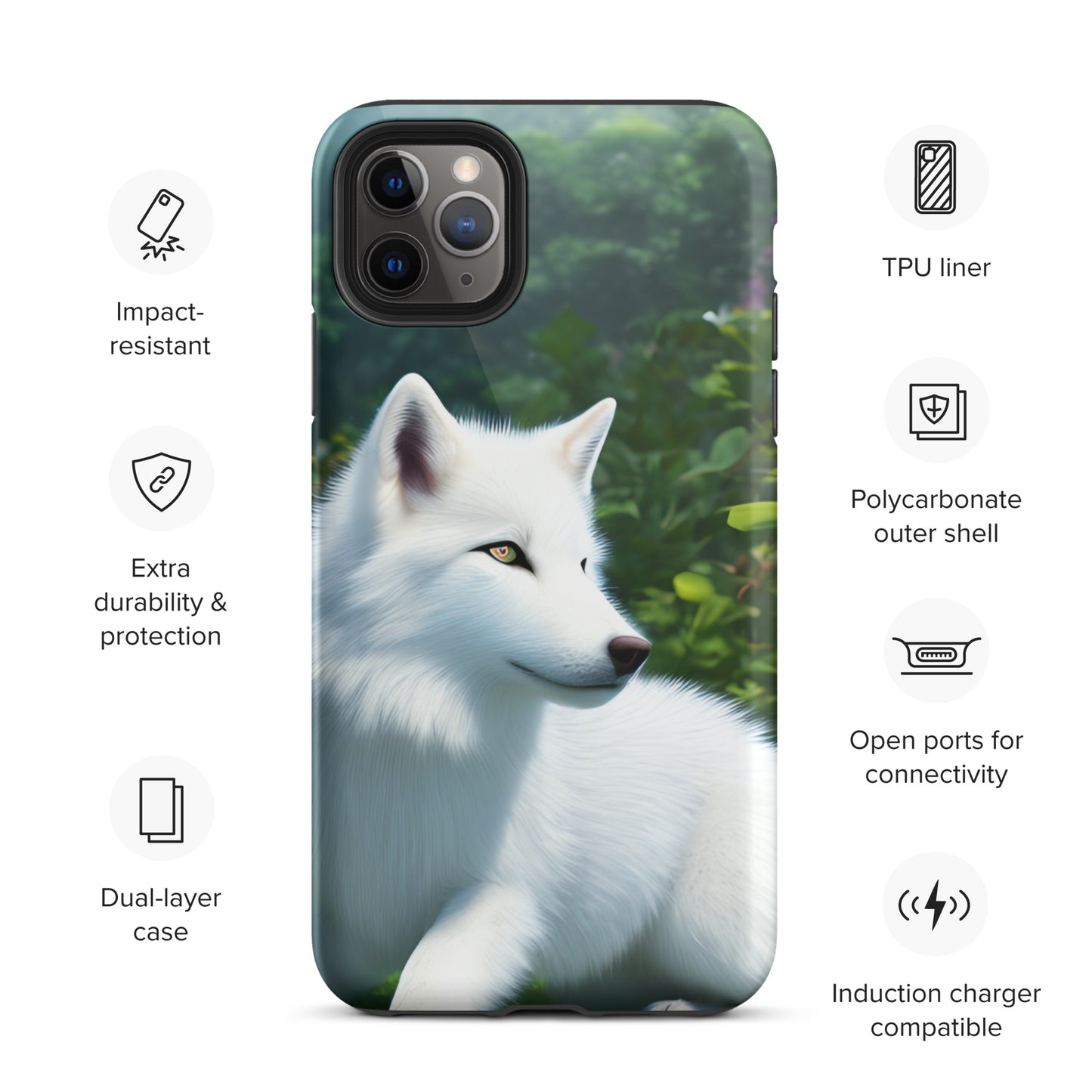 A fantasy picture of White Wolf #2 iPhone tough case with a pure white wolf laying down head up and alert - glossy-iphone-11-pro-max-front