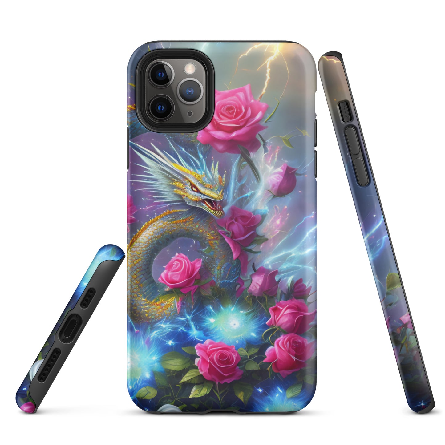 A fantasy picture of Dragon Garden #3 iPhone tough case with pink of roses and in the middle is a blue and gold dragon with colorful lightning bolts - glossy-iphone-11-pro-max-front