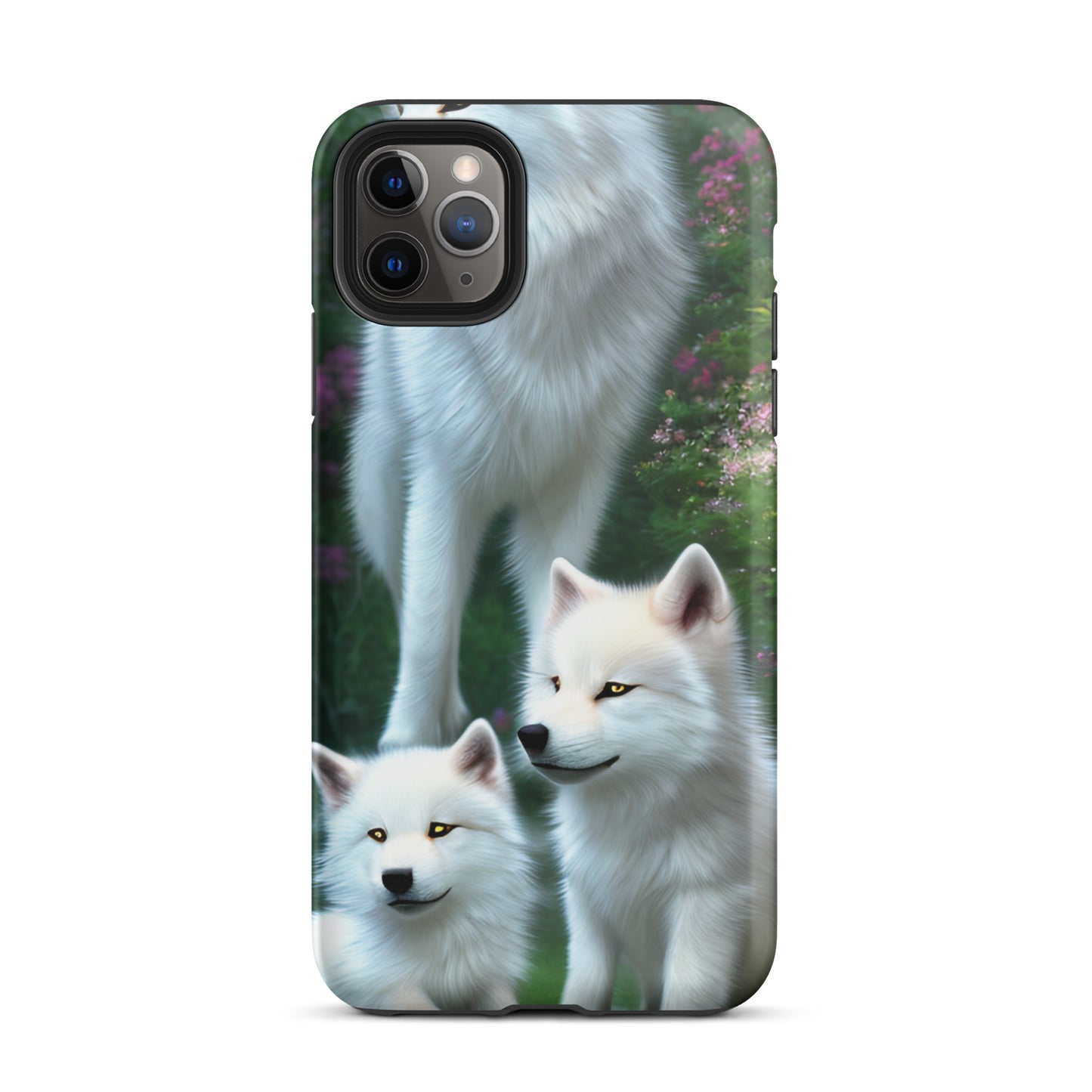 A fantasy picture of white wolves iPhone tough case with many colored flowers and 2 wolf cubs bottom front with an Mother Wolf standing behind - glossy-iphone-11-pro-max-front