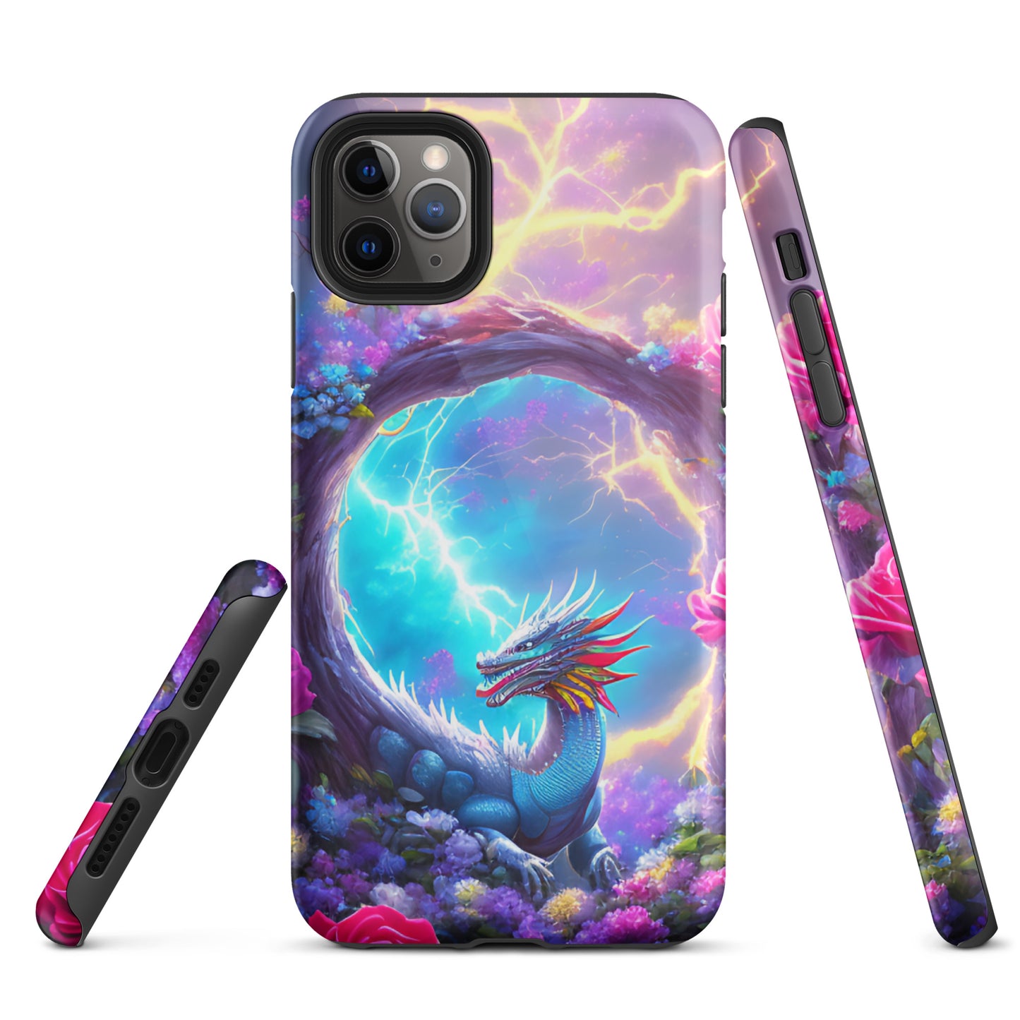 A fantasy picture of Dragon Garden iPhone tough case with many colors of roses and in the middle is a rainbow dragon with lightning bolts - glossy-iphone-11-pro-max-front