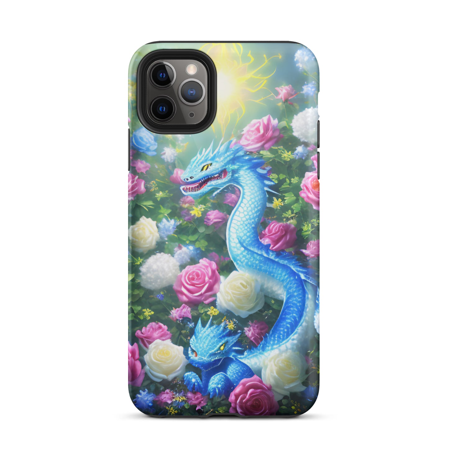 A fantasy picture of Dragon Garden #5 iPhone tough case with many colors of roses and in the middle is a blue dragon with it's baby - glossy-iphone-11-pro-max-front