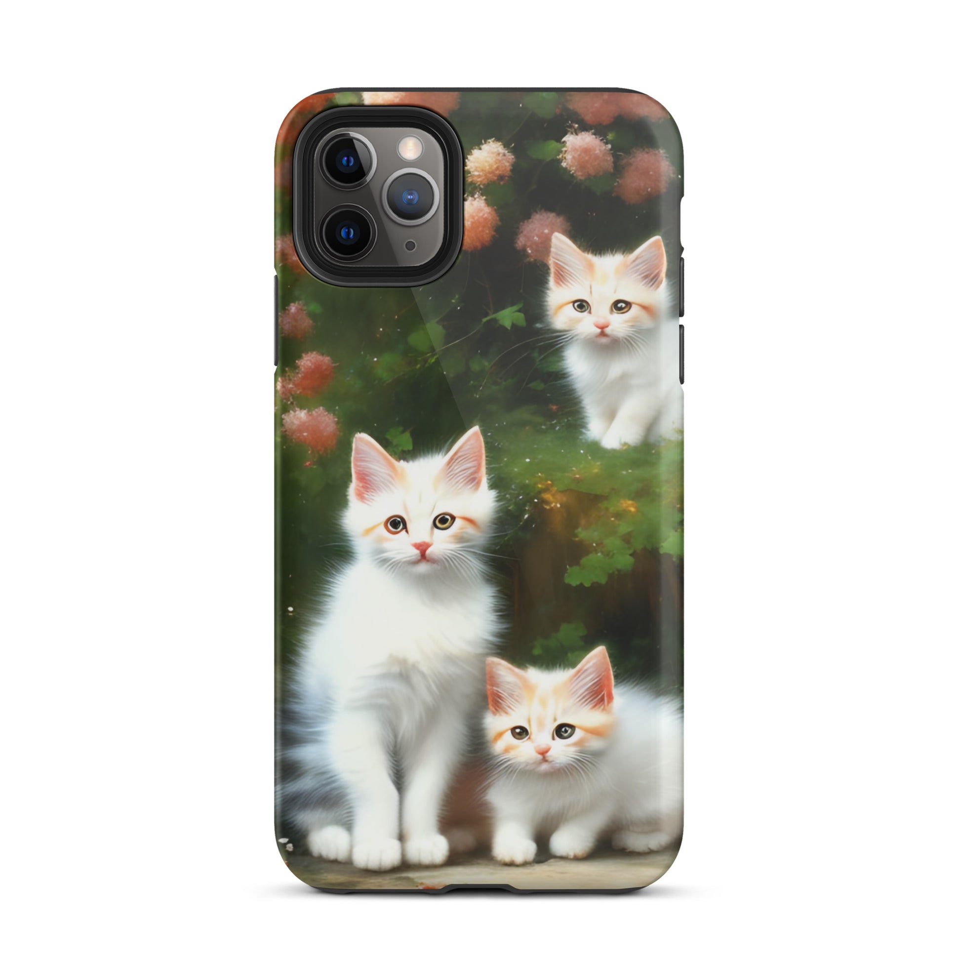 A picture of a iphone tough case with 3 fluffy white and orange kittens and peach colored flowers in the background - glossy-iphone-11-pro-max-front