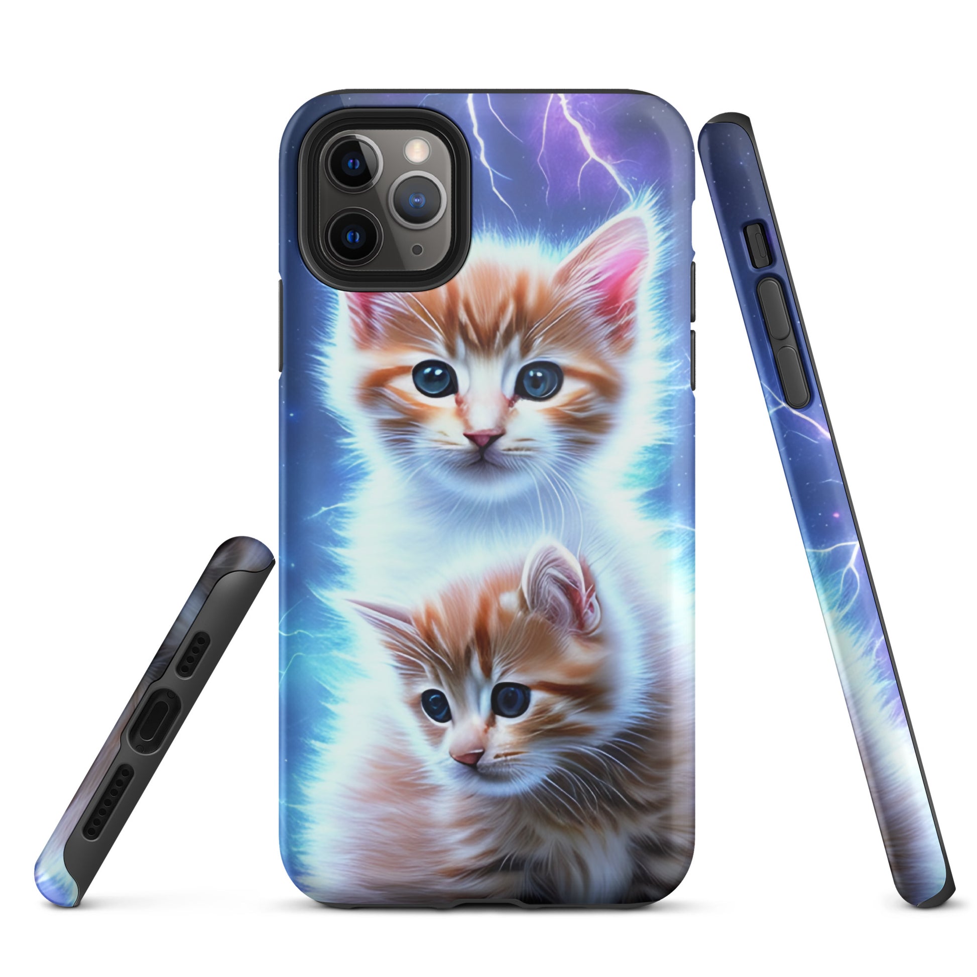 A picture of a iphone tough mobile phone case with fluffy 2 orange and white kittens against a stormy background - glossy-iphone-11-pro-max-front
