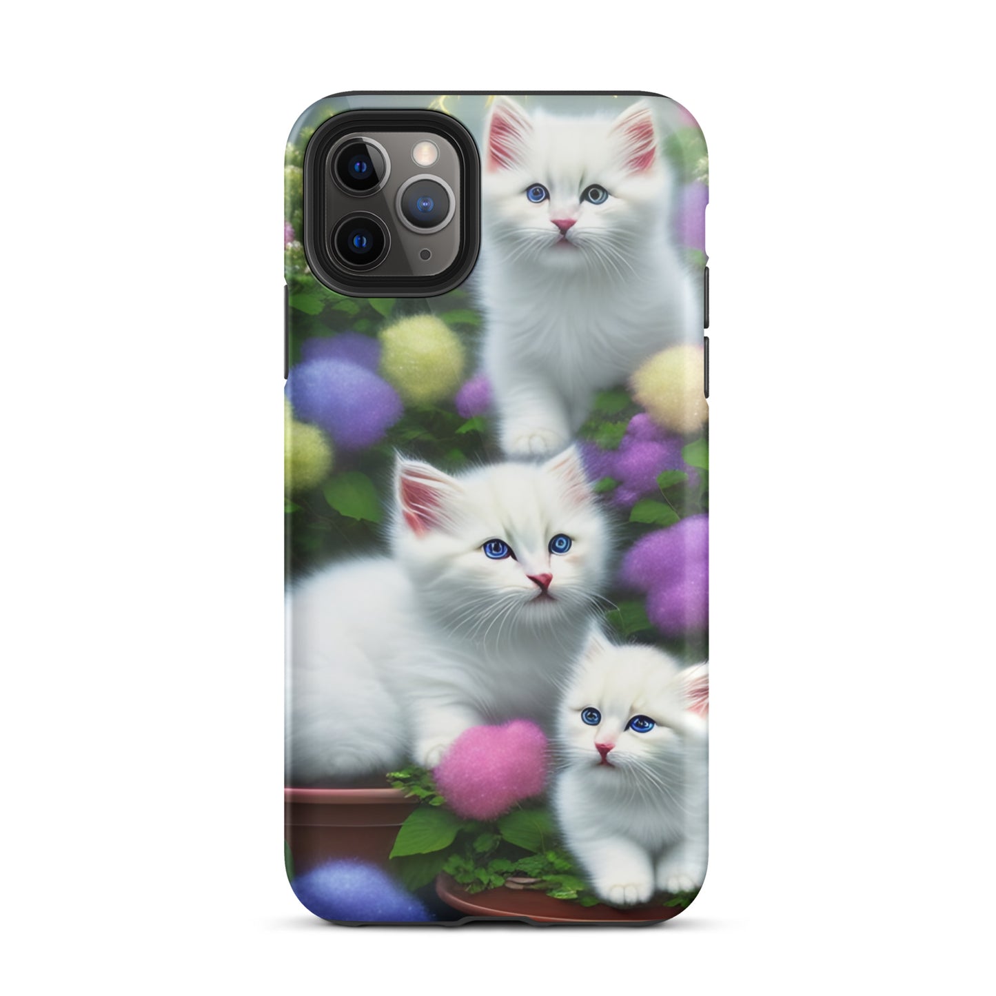 A picture of a iphone tough case with a picture of 3 pure white kittens with blue eyes in a garden filled with flowers - glossy-iphone-11-pro-max-front