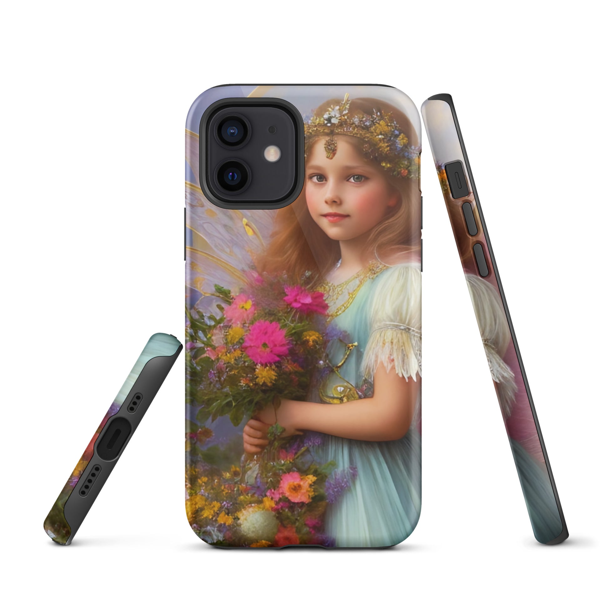 A picture of a iphone tough case with a beautiful young fairy princess, glittering crown and detailed dress. She is holding a bunch of colorful flowers and has very pretty fairy wings   - glossy-iphone-12-front