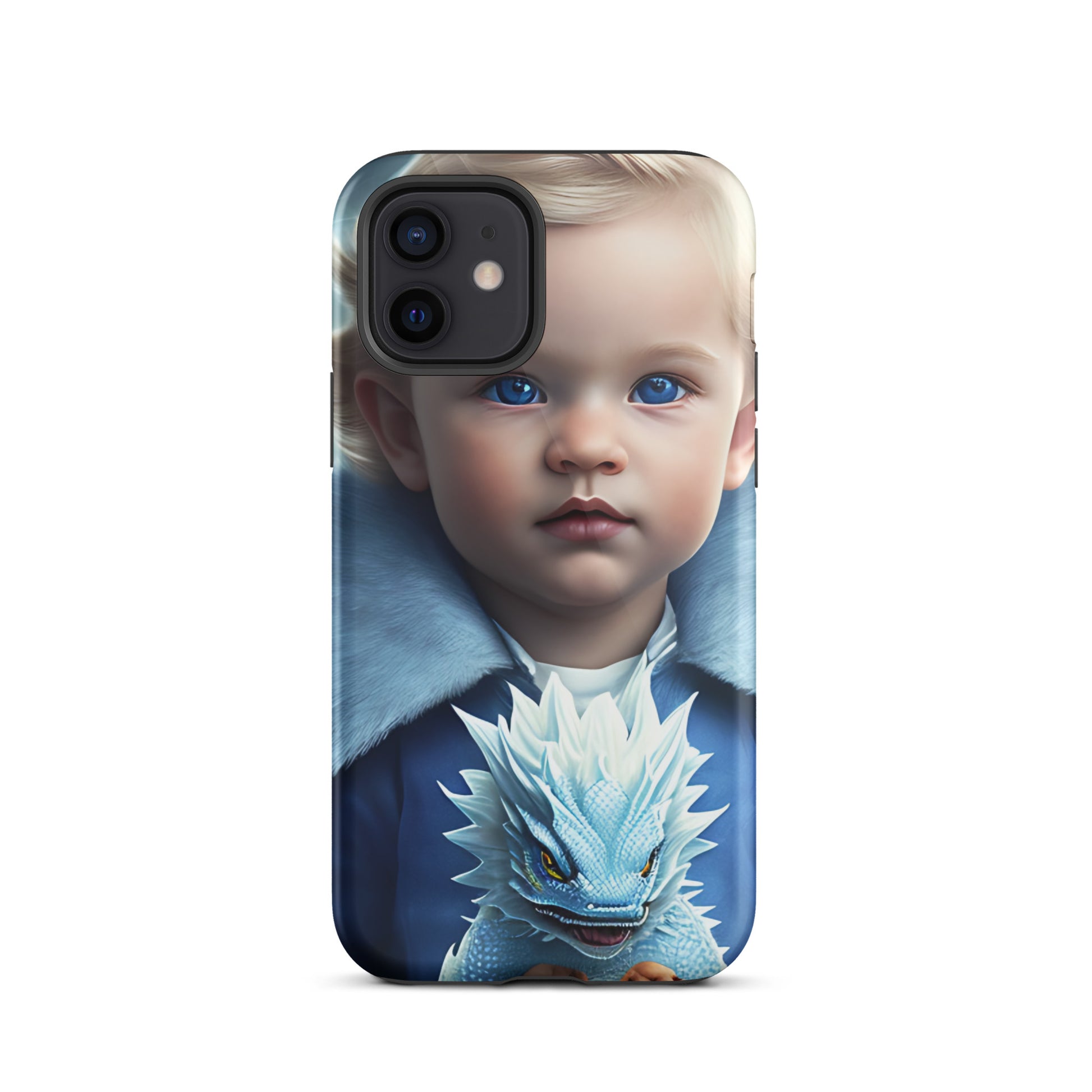 A picture of a an iphone case with a blond haired blue eyed boy, blue top holding a baby ice dragon in front - Dragon Prince #2 tough iphone case - glossy-iphone-12-front