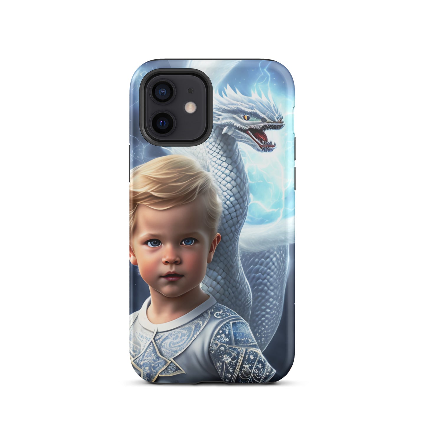 A picture of a an iphone case with a blond haired blue eyed boy, pale blue shirt with white intricate patter Dragon Prince tough iphone case - glossy-iphone-12-front