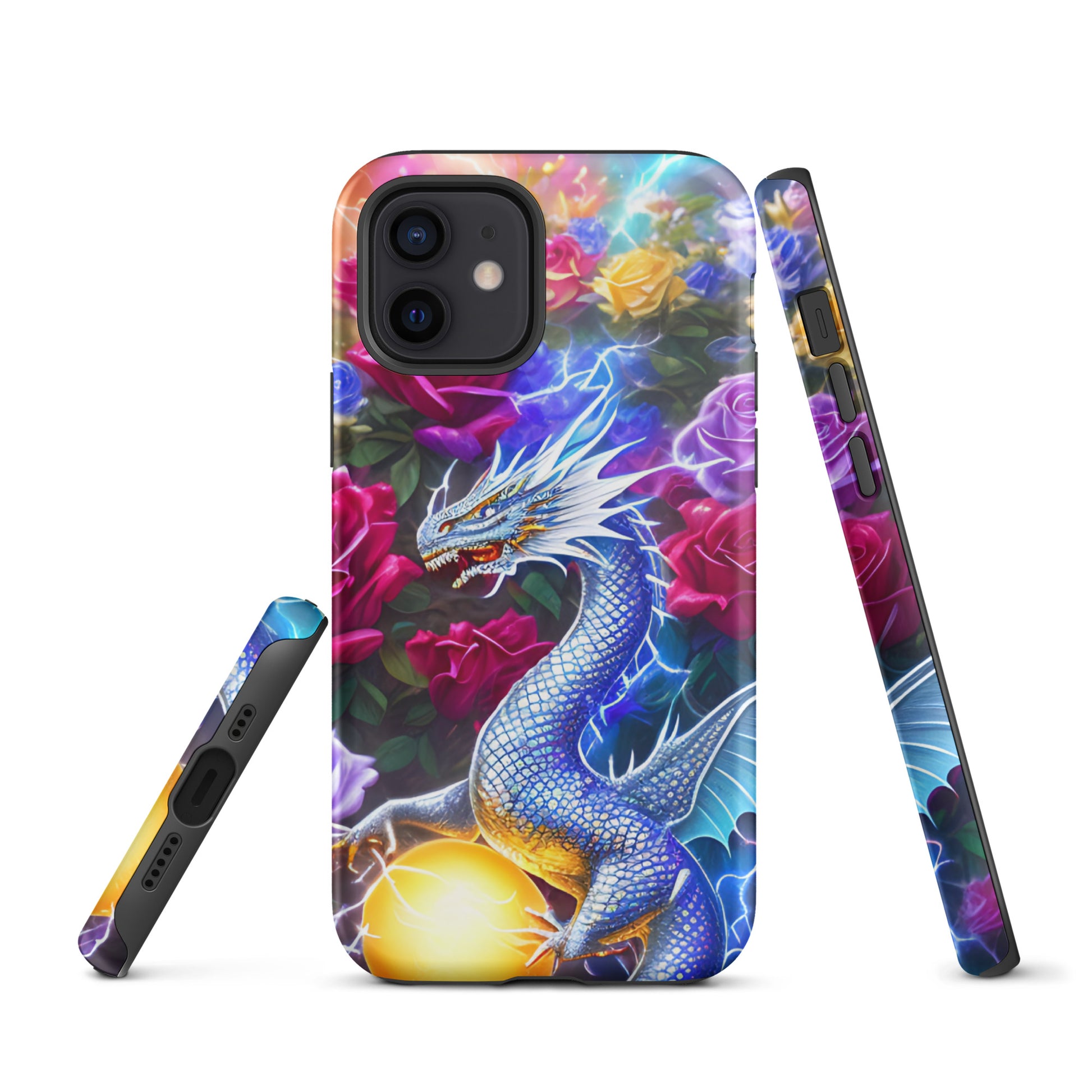 A fantasy picture of Dragon Garden #4 iPhone tough case with many colorful roses and in the middle is a white and blue dragon with a gold dragon egg and crackling lightning bolts - glossy-iphone-12-front