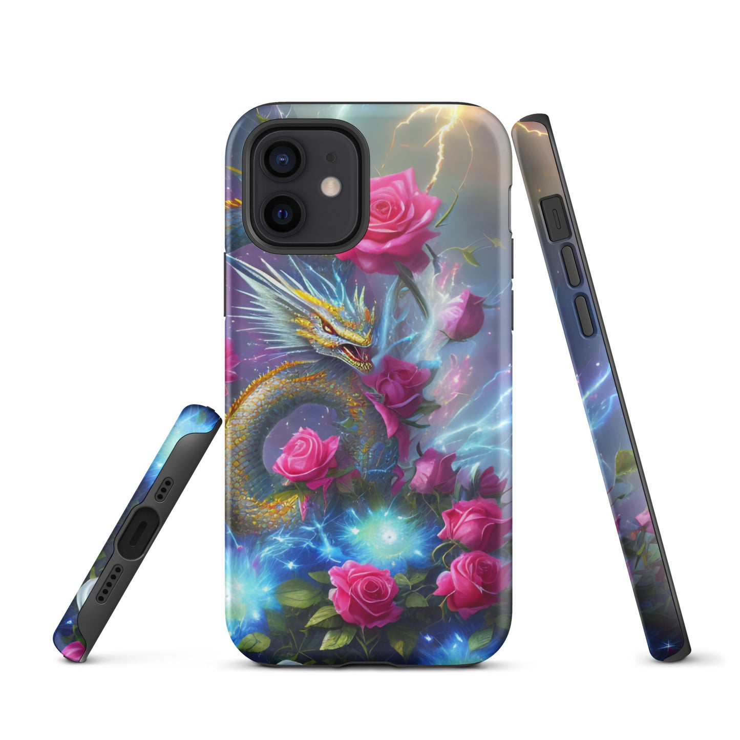 A fantasy picture of Dragon Garden #3 iPhone tough case with pink of roses and in the middle is a blue and gold dragon with colorful lightning bolts - glossy-iphone-12-front