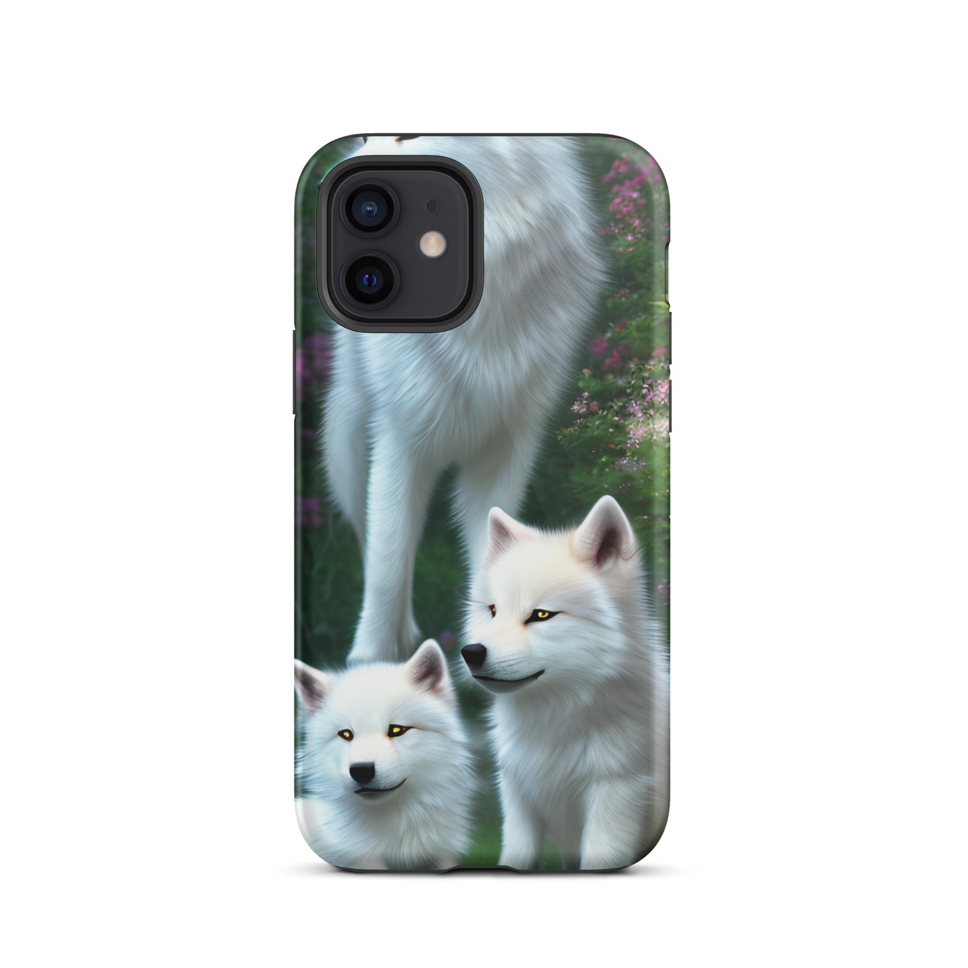 A fantasy picture of white wolves iPhone tough case with many colored flowers and 2 wolf cubs bottom front with an Mother Wolf standing behind - glossy-iphone-12-front