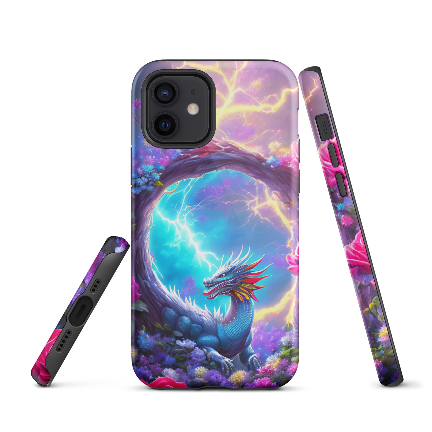 A fantasy picture of Dragon Garden iPhone tough case with many colors of roses and in the middle is a rainbow dragon with lightning bolts - glossy-iphone-12-front