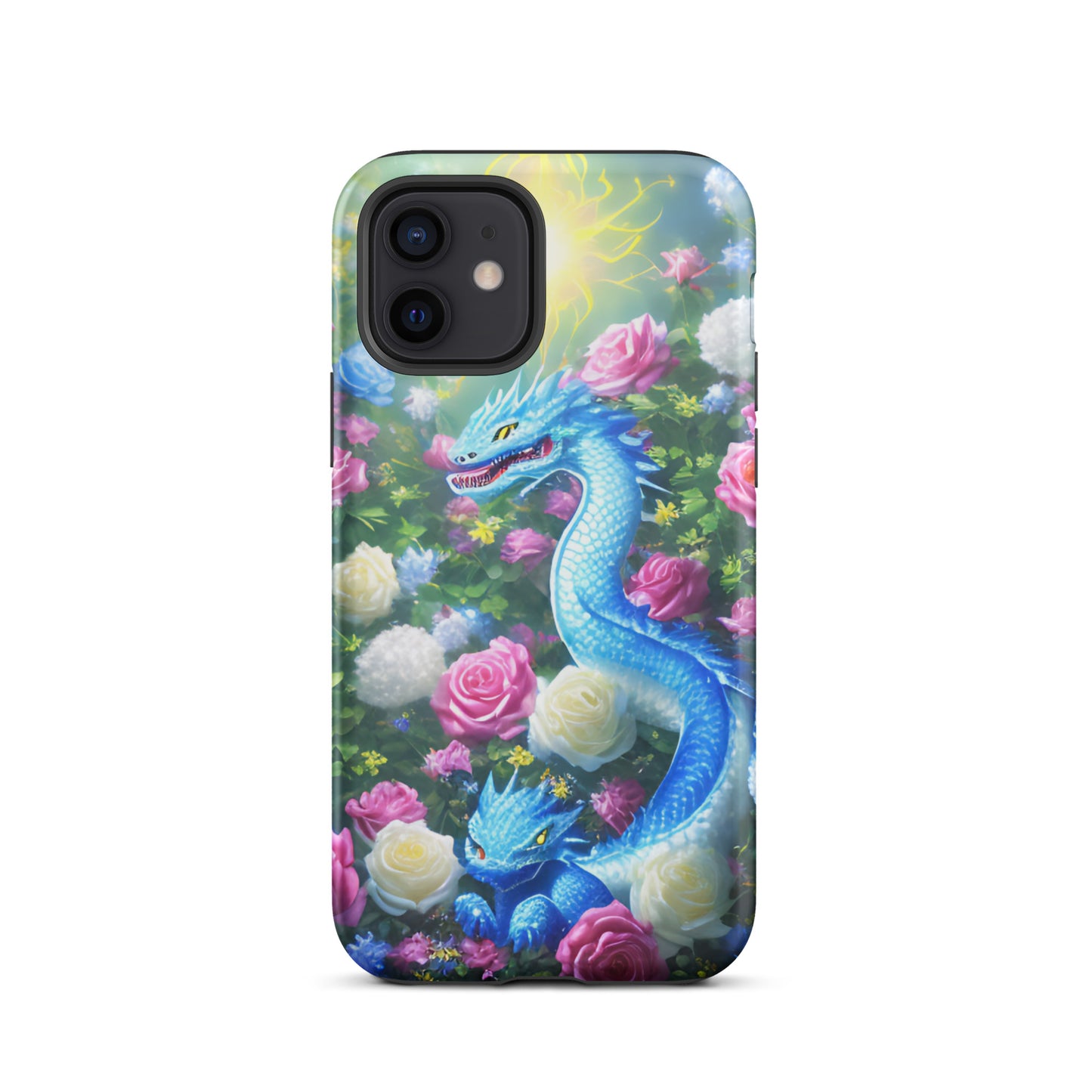 A fantasy picture of Dragon Garden #5 iPhone tough case with many colors of roses and in the middle is a blue dragon with it's baby - glossy-iphone-12-front