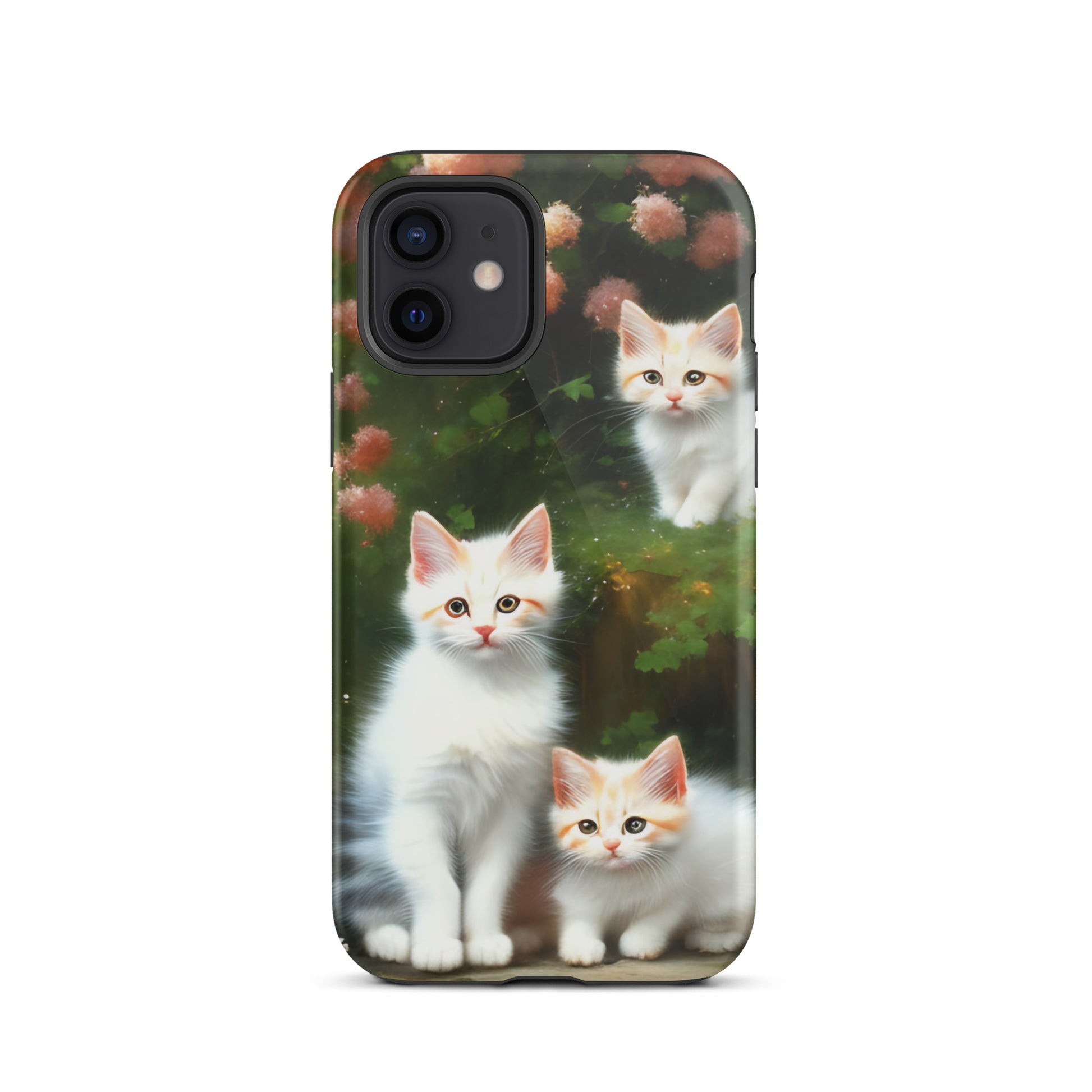 A picture of a iphone tough case with 3 fluffy white and orange kittens and peach colored flowers in the background - glossy-iphone-12-front