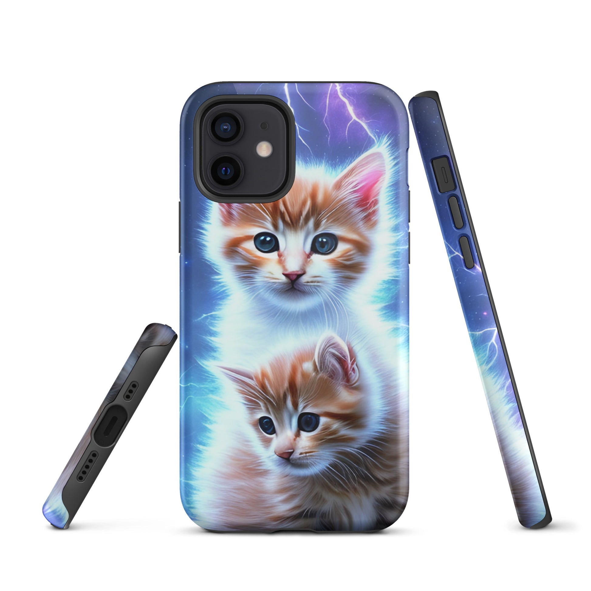A picture of a iphone tough mobile phone case with fluffy 2 orange and white kittens against a stormy background - glossy-iphone-12-front