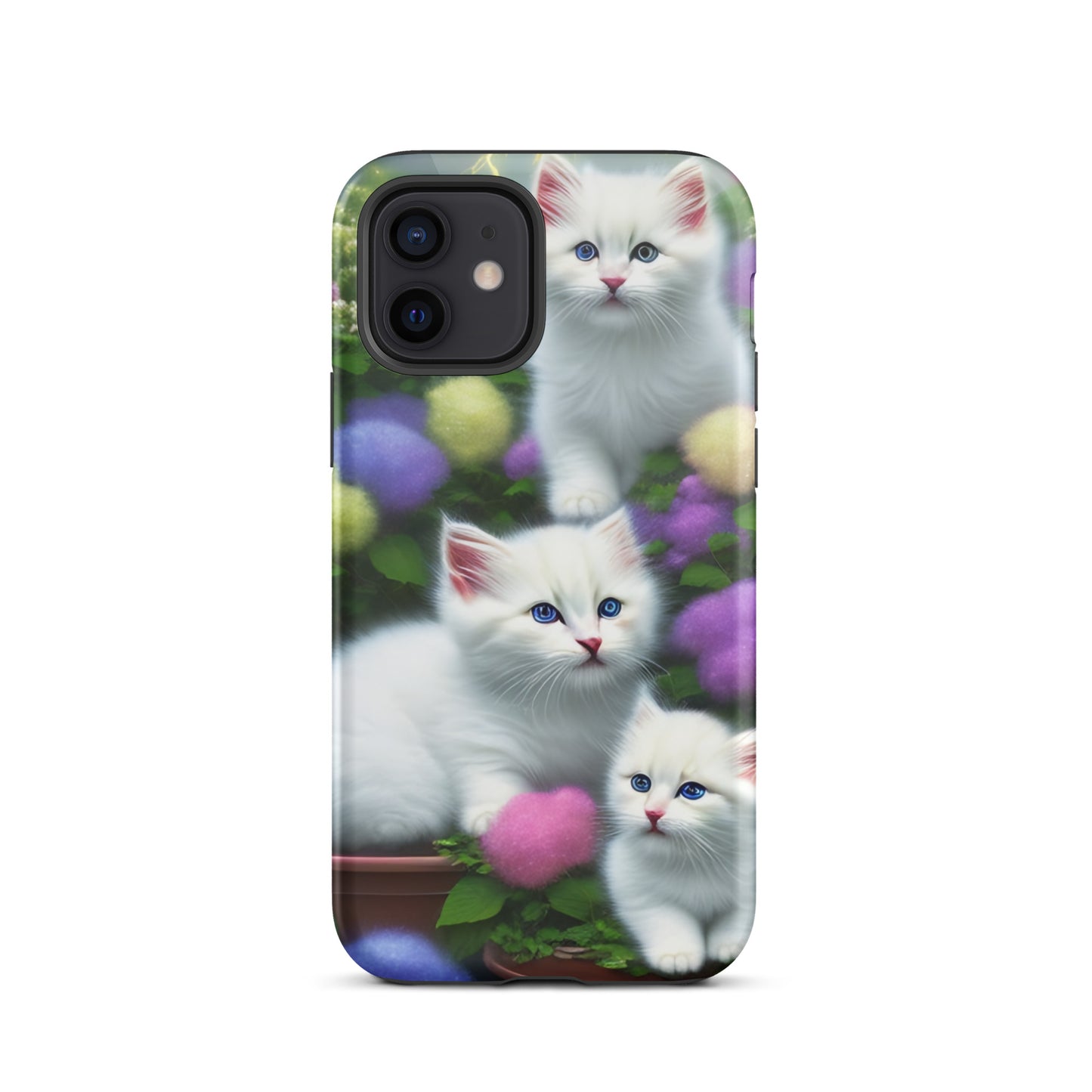 A picture of a iphone tough case with a picture of 3 pure white kittens with blue eyes in a garden filled with flowers - glossy-iphone-12-front