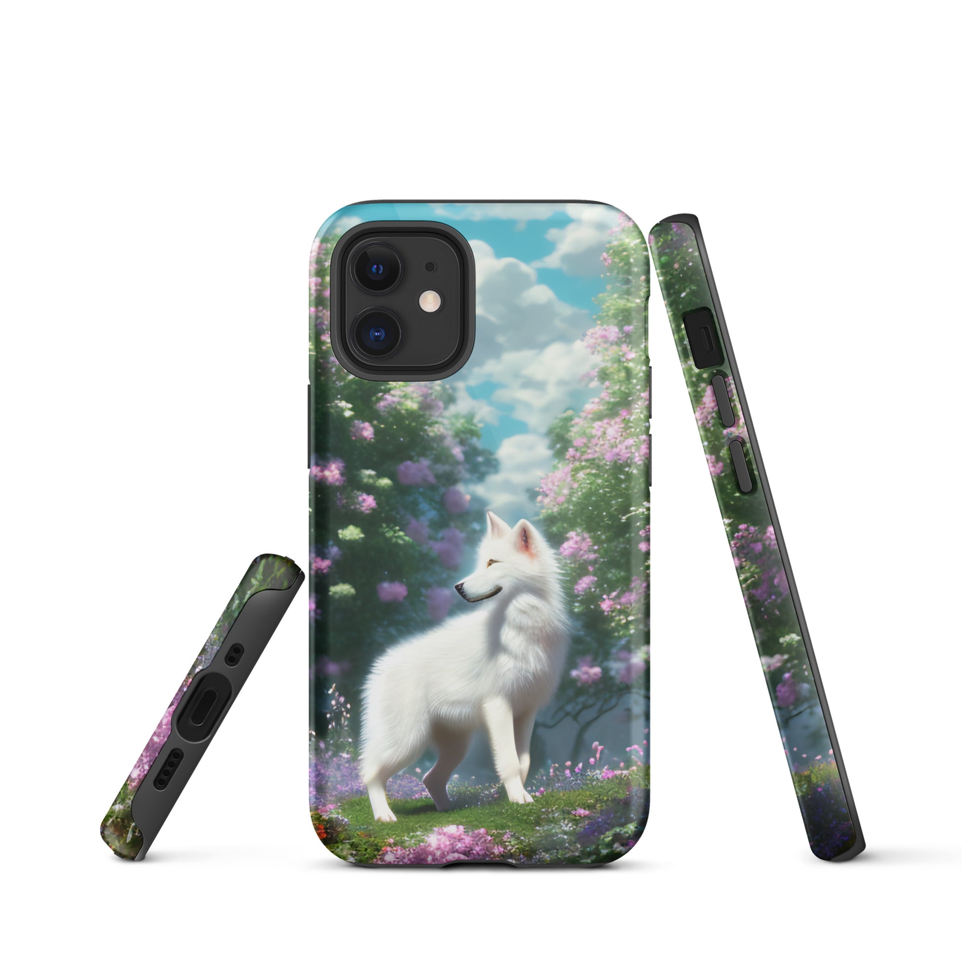 A fantasy picture of white wolf iPhone tough case full picture of a lone white wolf standing in a garden full of flowers - glossy-iphone-12-mini-front