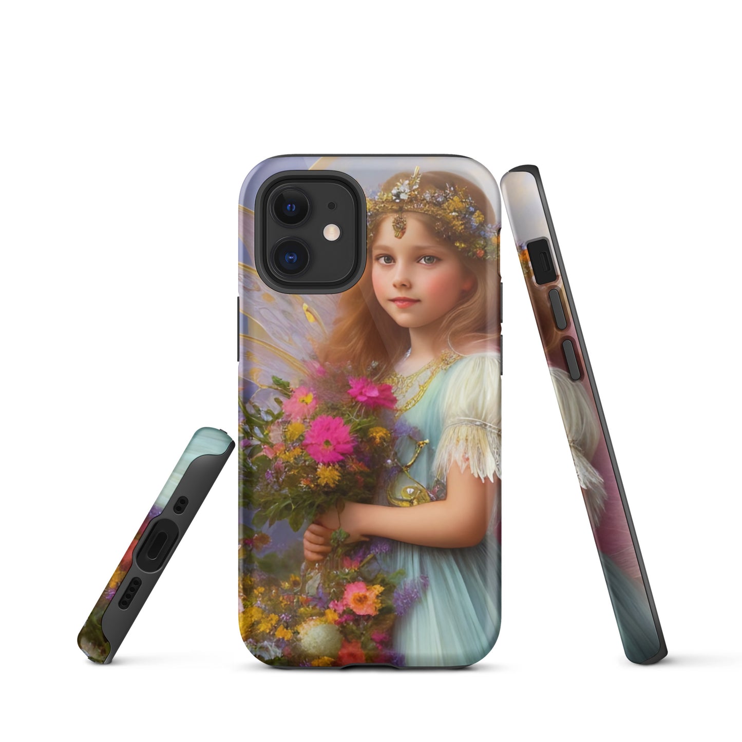 A picture of a iphone tough case with a beautiful young fairy princess, glittering crown and detailed dress. She is holding a bunch of colorful flowers and has very pretty fairy wings   - glossy-iphone-12-mini-front