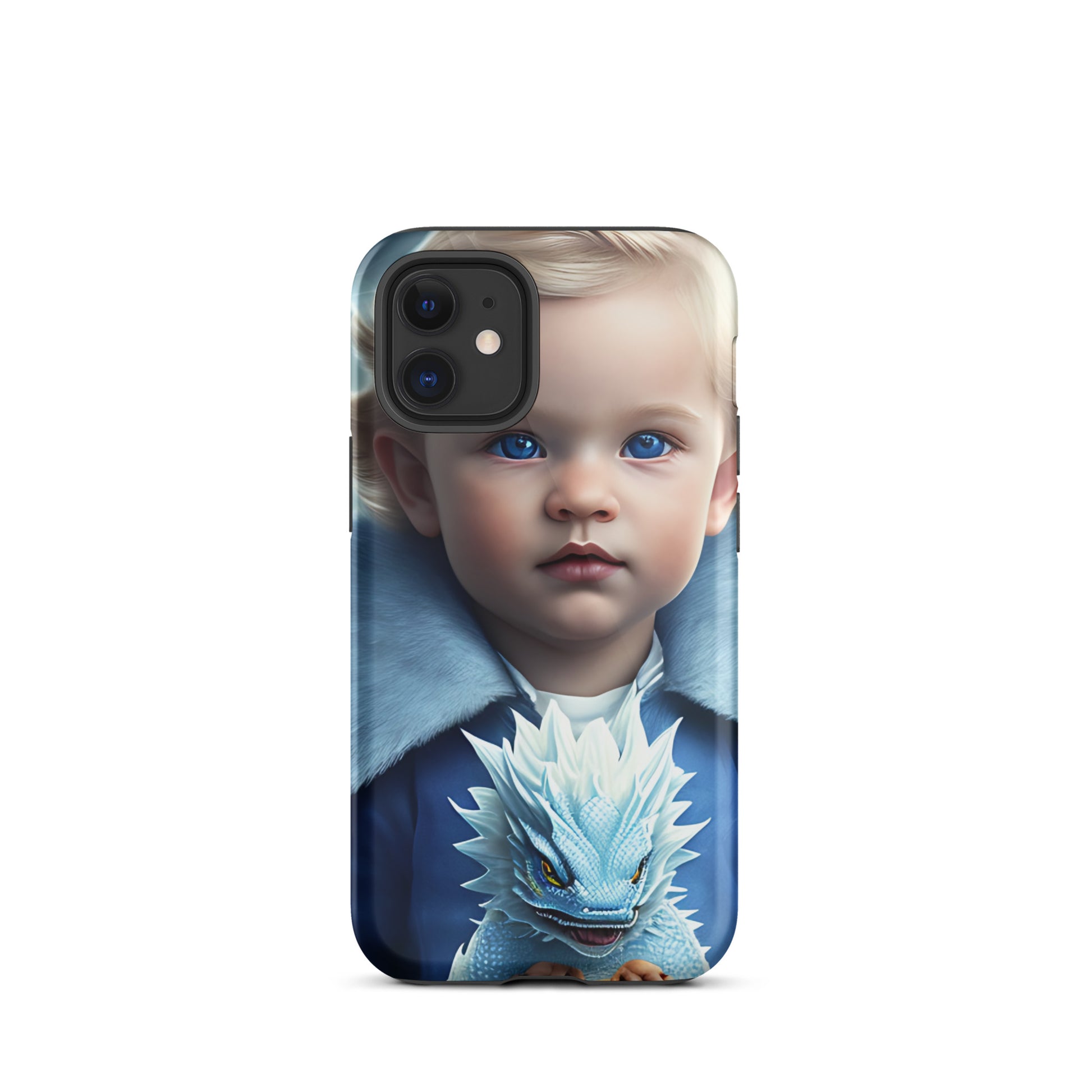 A picture of a an iphone case with a blond haired blue eyed boy, blue top holding a baby ice dragon in front - Dragon Prince #2 tough iphone case - glossy-iphone-12-mini-front