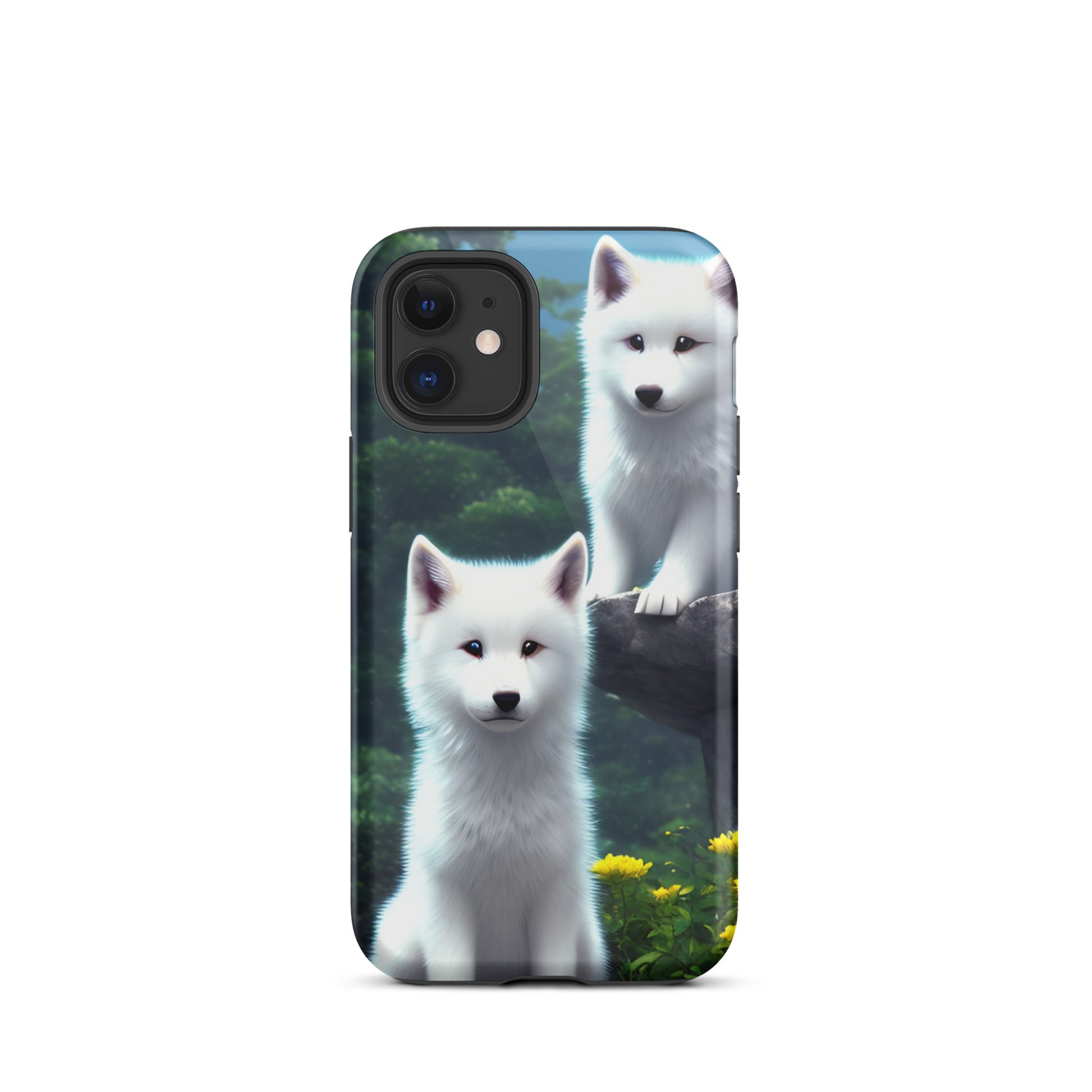 A fantasy picture of 2 white wolf cubs sitting looking straight on iPhone tough case - glossy-iphone-12-mini-front