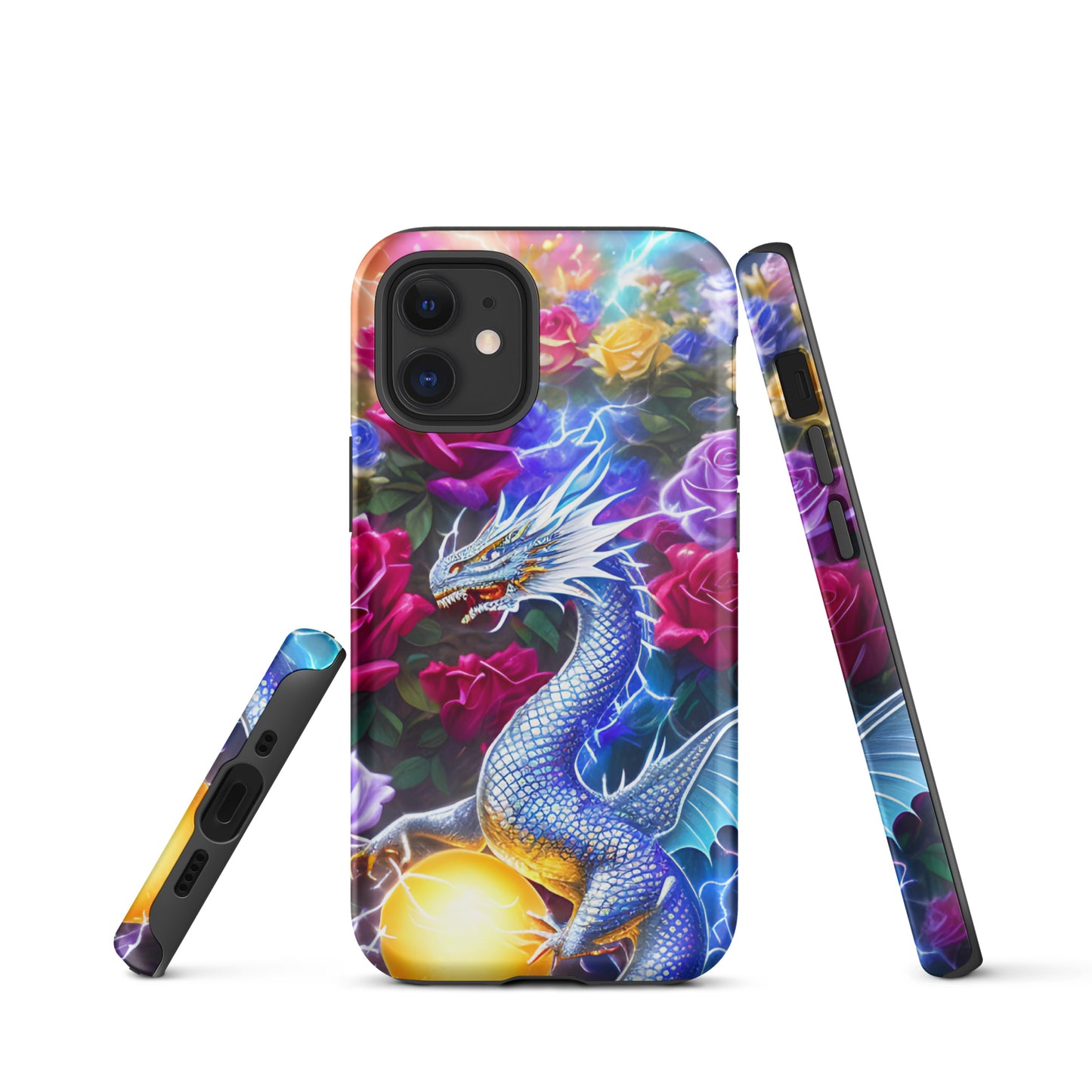 A fantasy picture of Dragon Garden #4 iPhone tough case with many colorful roses and in the middle is a white and blue dragon with a gold dragon egg and crackling lightning bolts - glossy-iphone-12-mini-front