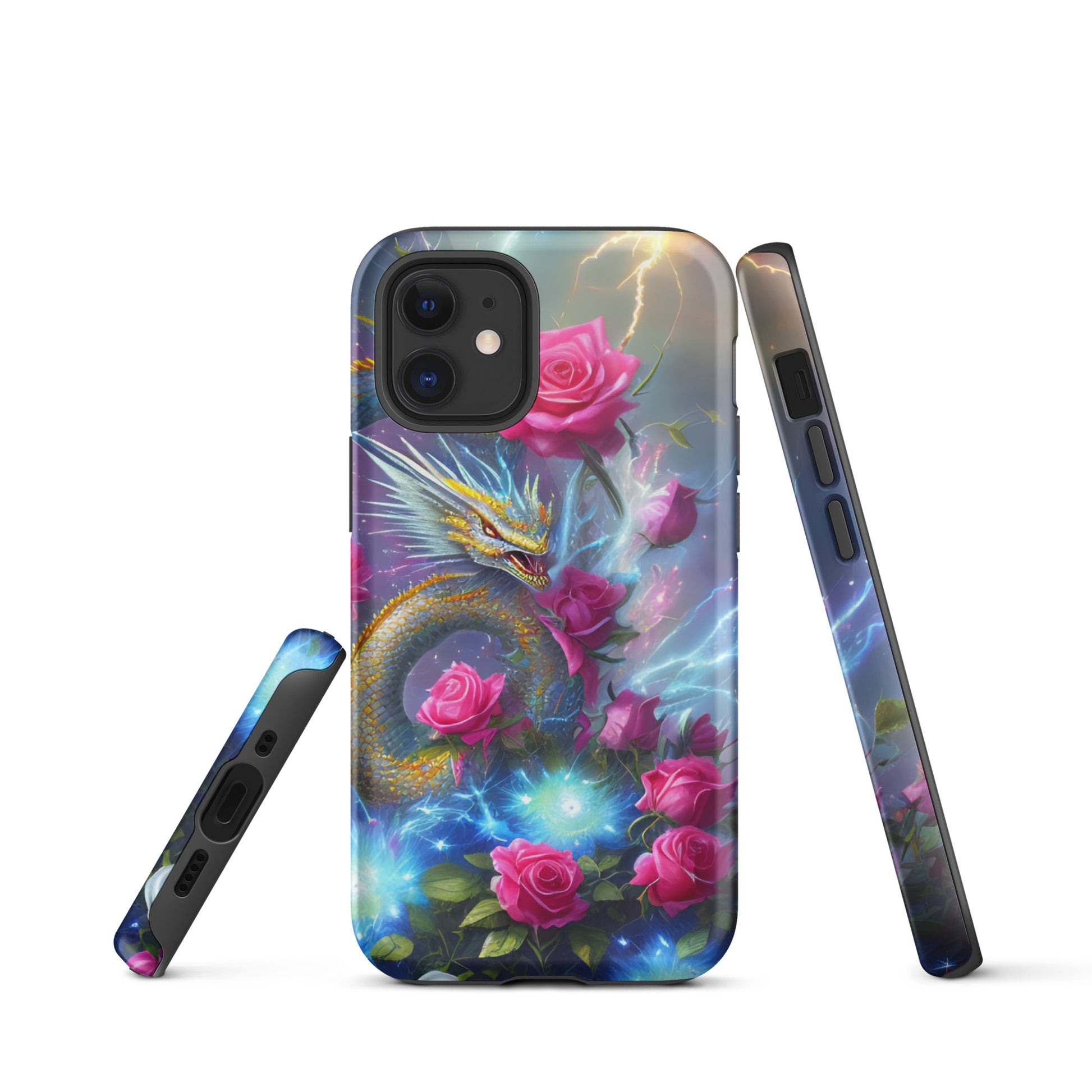 A fantasy picture of Dragon Garden #3 iPhone tough case with pink of roses and in the middle is a blue and gold dragon with colorful lightning bolts - glossy-iphone-12-mini-front