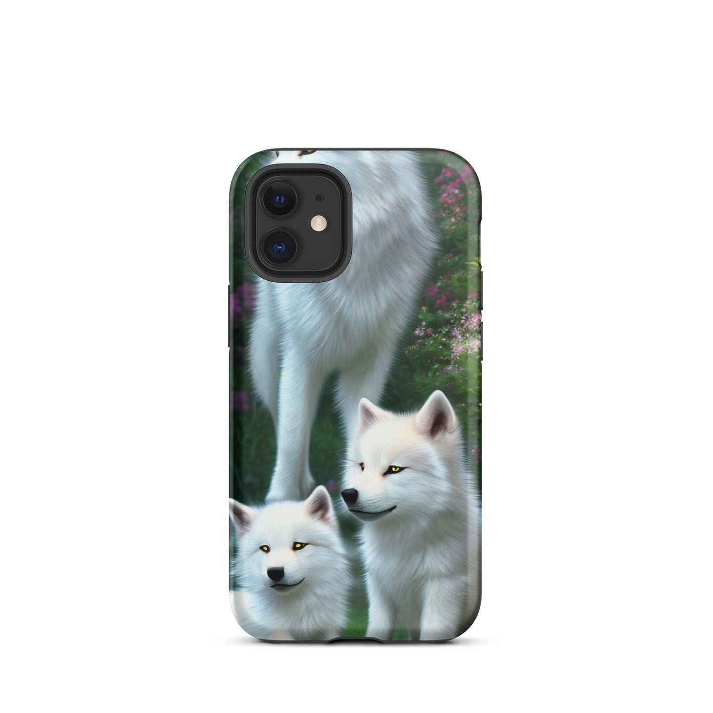 A fantasy picture of white wolves iPhone tough case with many colored flowers and 2 wolf cubs bottom front with an Mother Wolf standing behind - glossy-iphone-12-mini-front