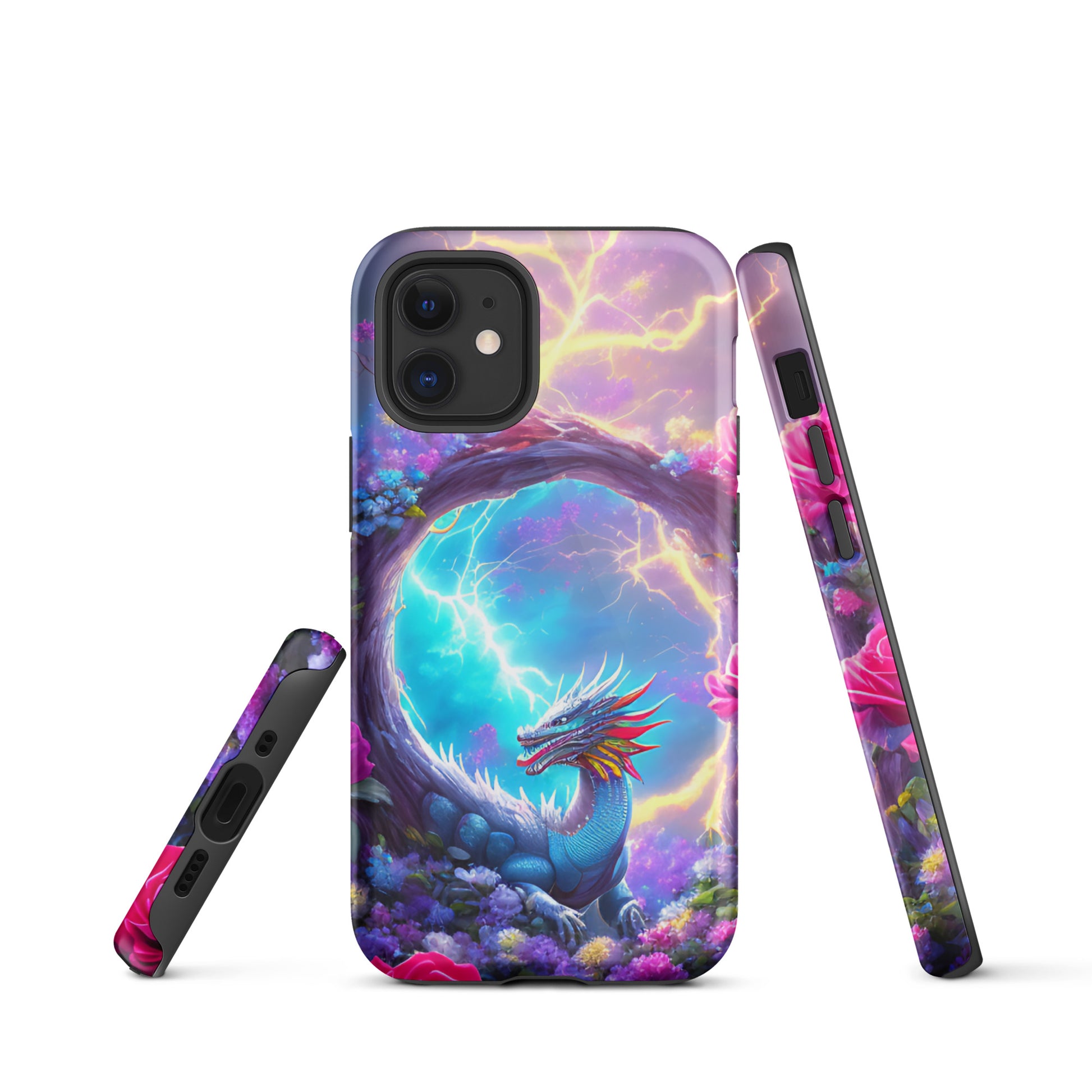A fantasy picture of Dragon Garden iPhone tough case with many colors of roses and in the middle is a rainbow dragon with lightning bolts - glossy-iphone-12-mini-front