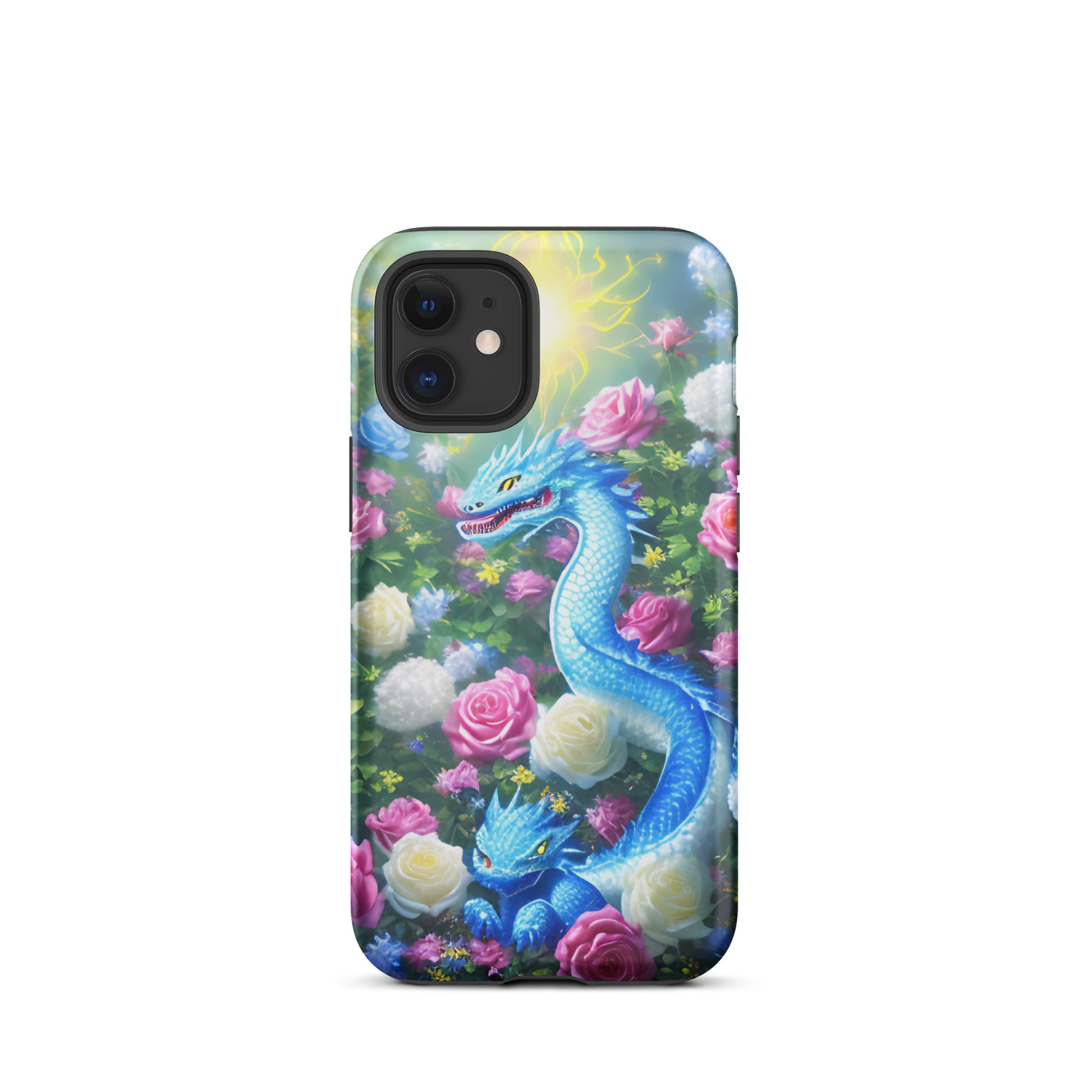 A fantasy picture of Dragon Garden #5 iPhone tough case with many colors of roses and in the middle is a blue dragon with it's baby - glossy-iphone-12-mini-front