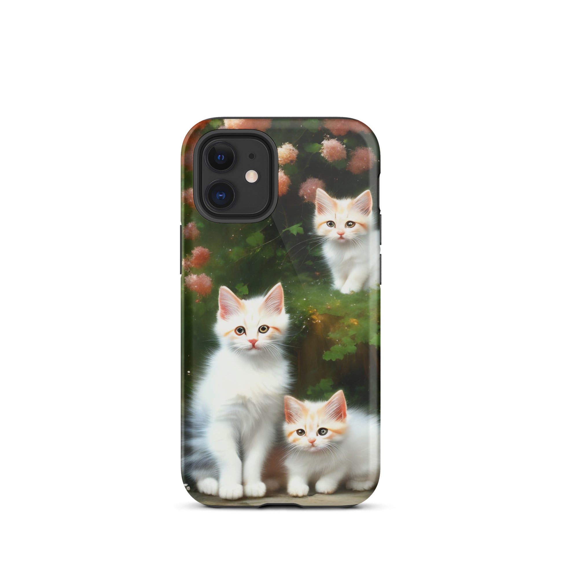 A picture of a iphone tough case with 3 fluffy white and orange kittens and peach colored flowers in the background - glossy-iphone-12-mini-front