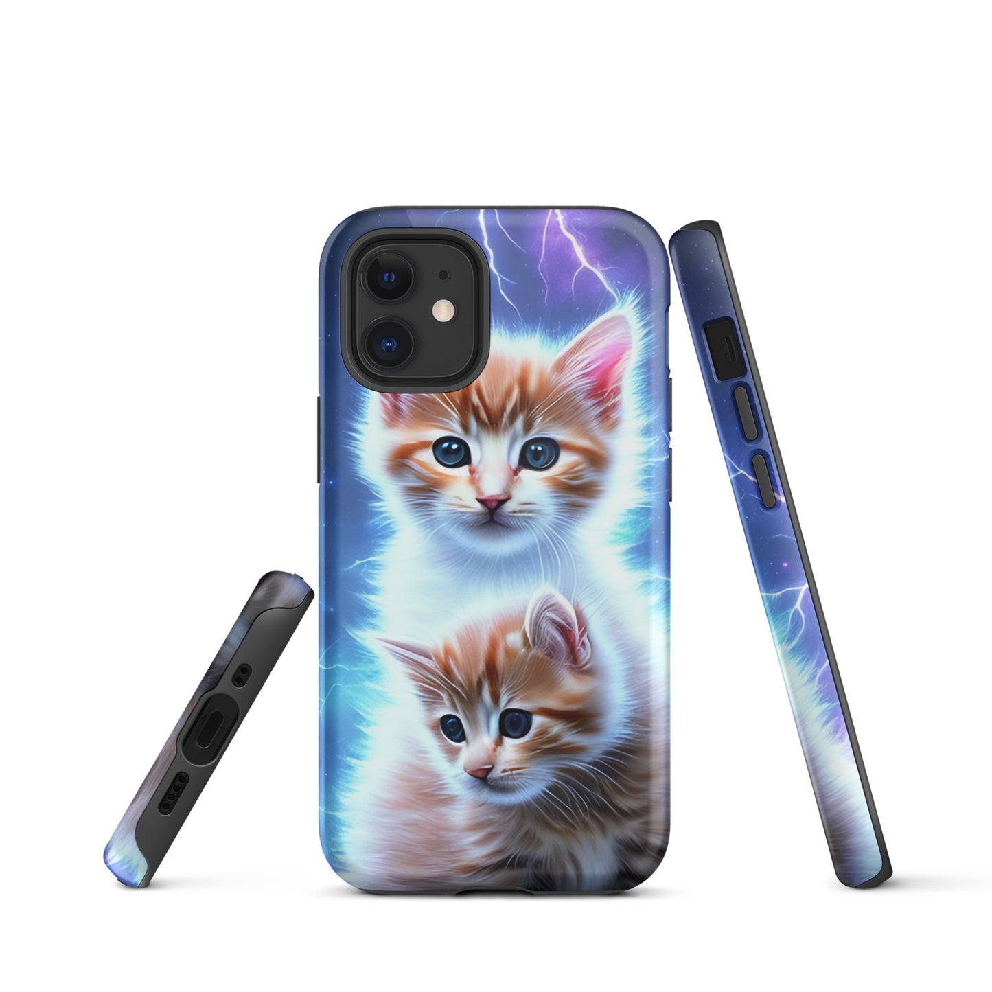 A picture of a iphone tough mobile phone case with fluffy 2 orange and white kittens against a stormy background - glossy-iphone-12-mini-front