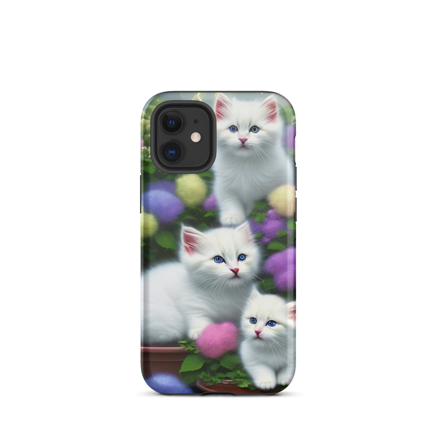 A picture of a iphone tough case with a picture of 3 pure white kittens with blue eyes in a garden filled with flowers - glossy-iphone-12-mini-front