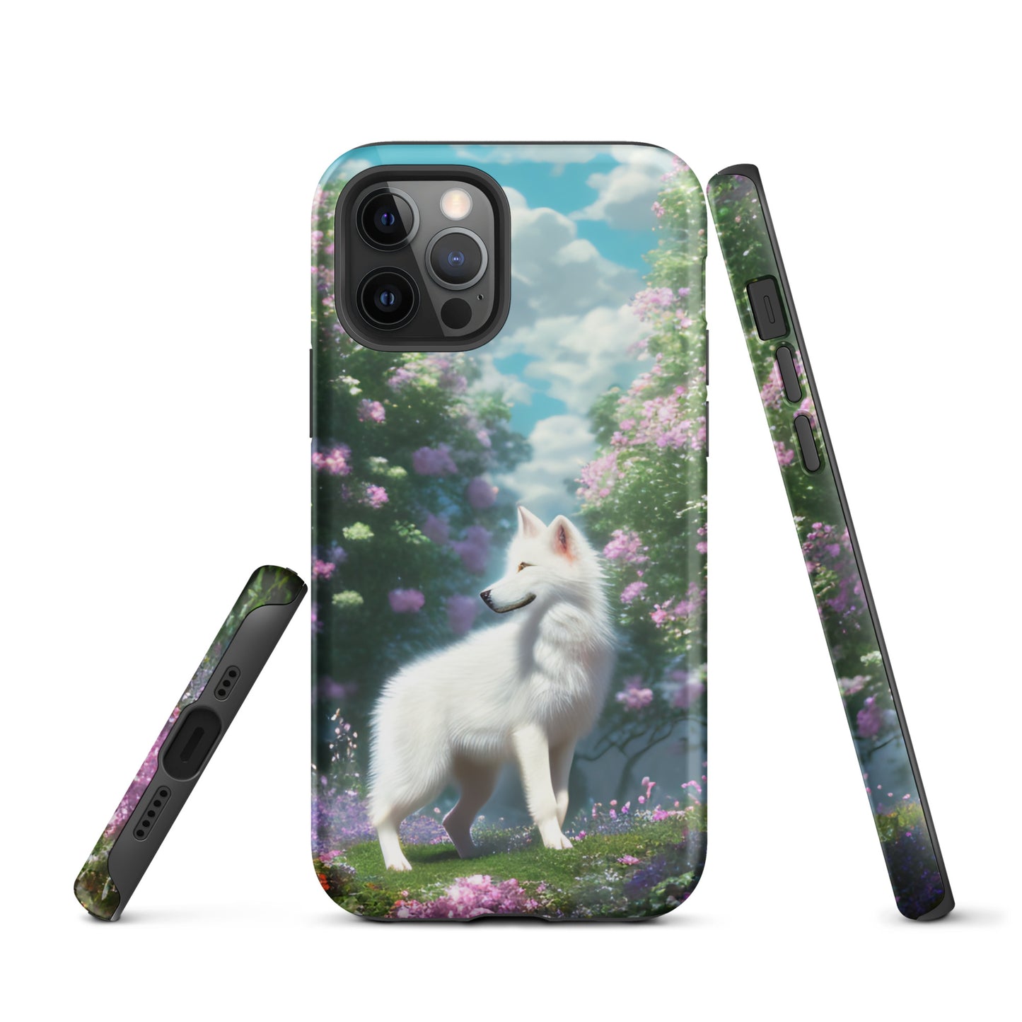 A fantasy picture of white wolf iPhone tough case full picture of a lone white wolf standing in a garden full of flowers - glossy-iphone-12-pro-front