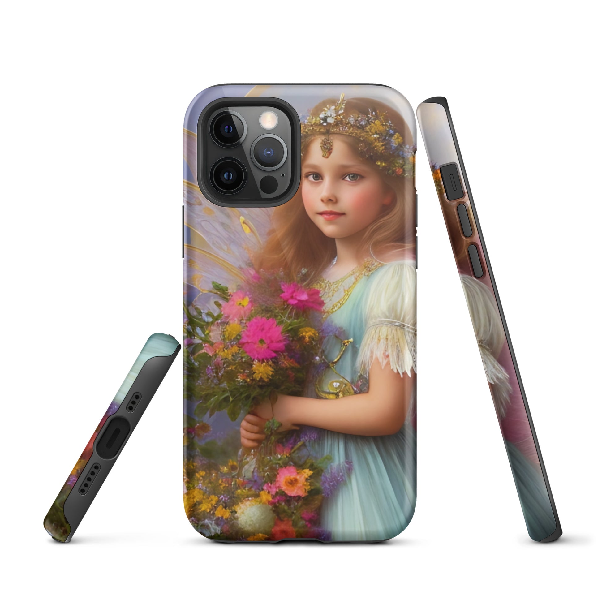 A picture of a iphone tough case with a beautiful young fairy princess, glittering crown and detailed dress. She is holding a bunch of colorful flowers and has very pretty fairy wings   - glossy-iphone-12-pro-front