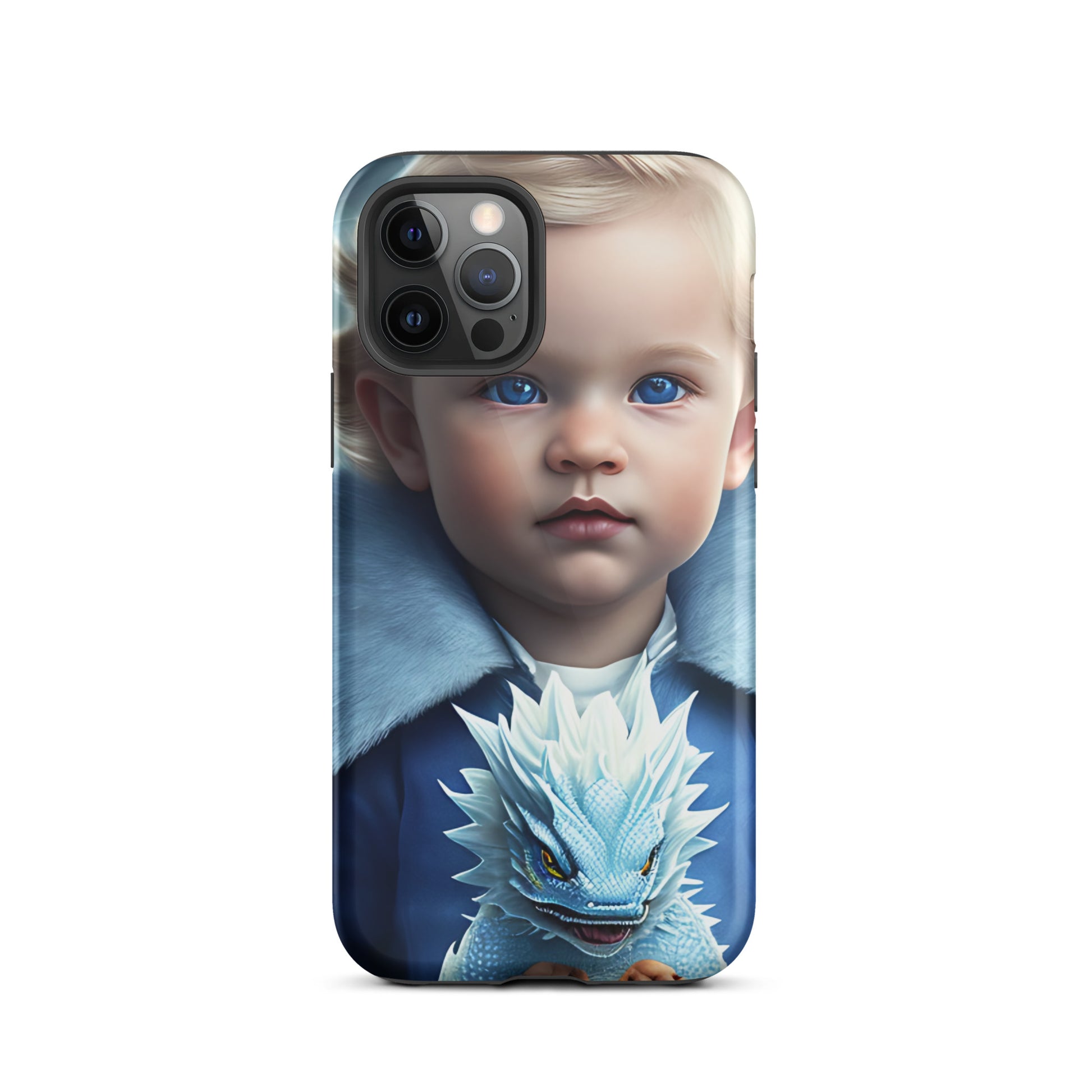 A picture of a an iphone case with a blond haired blue eyed boy, blue top holding a baby ice dragon in front - Dragon Prince #2 tough iphone case - glossy-iphone-12-pro-front