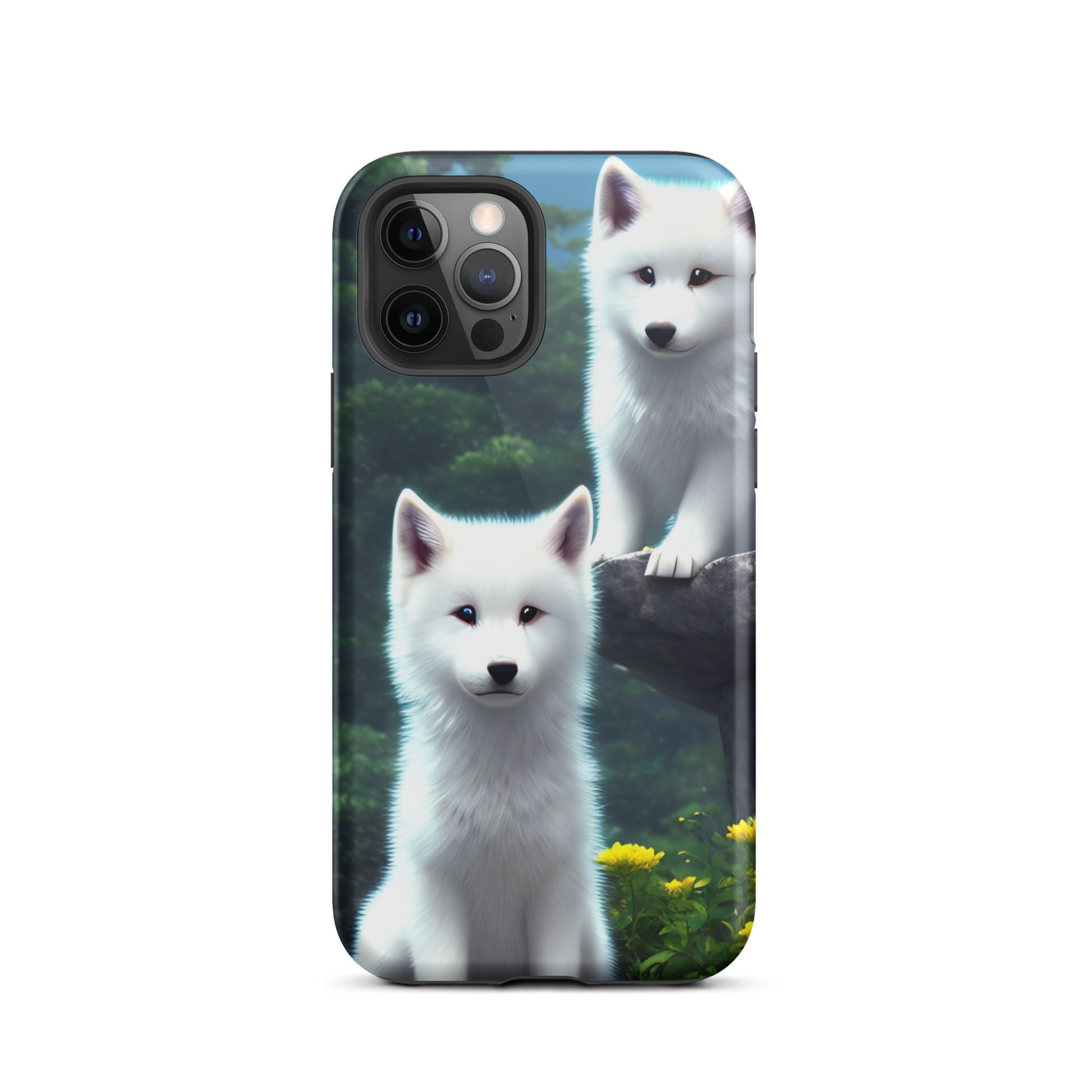 A fantasy picture of 2 white wolf cubs sitting looking straight on iPhone tough case - glossy-iphone-12-pro-front