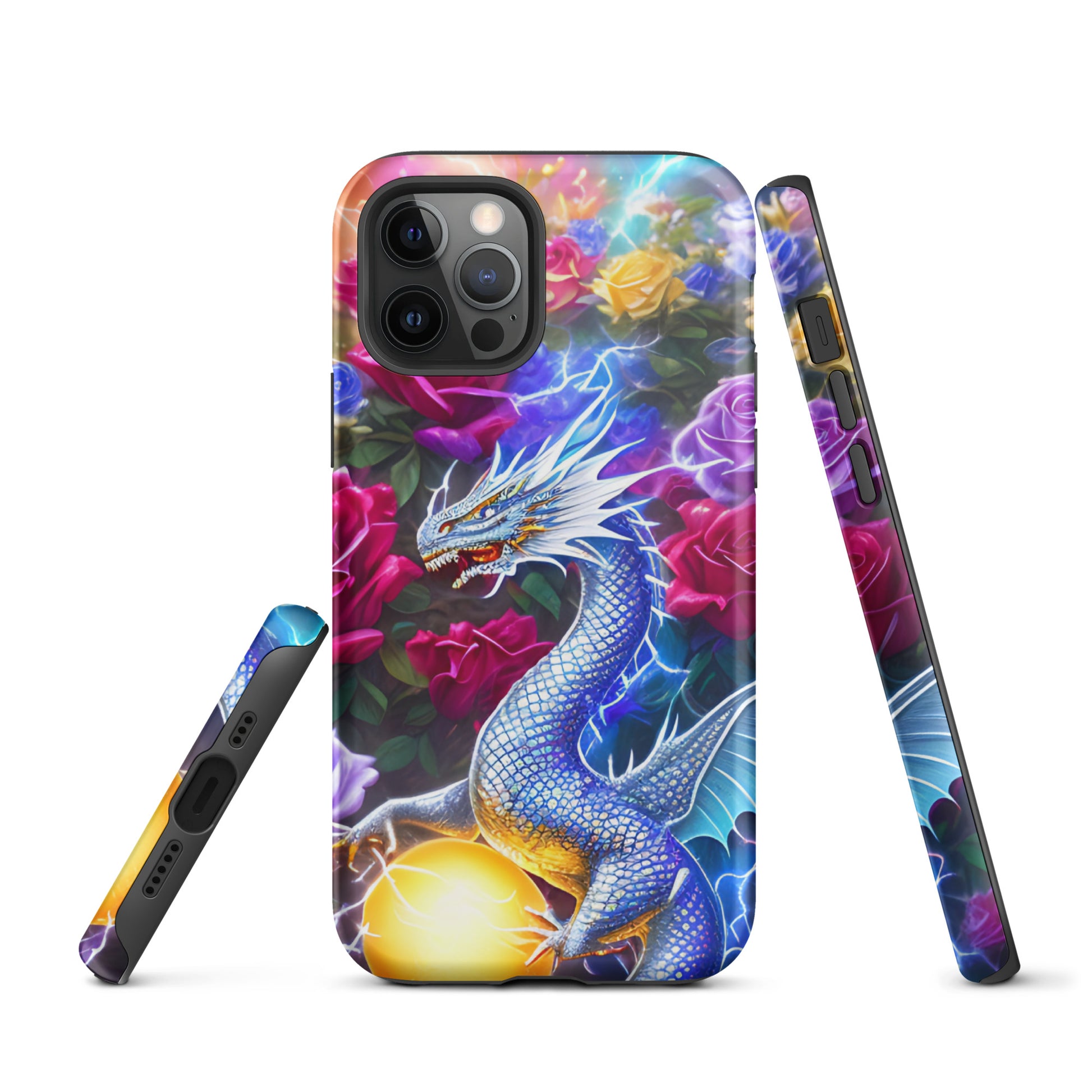 A fantasy picture of Dragon Garden #4 iPhone tough case with many colorful roses and in the middle is a white and blue dragon with a gold dragon egg and crackling lightning bolts - glossy-iphone-12-pro-front