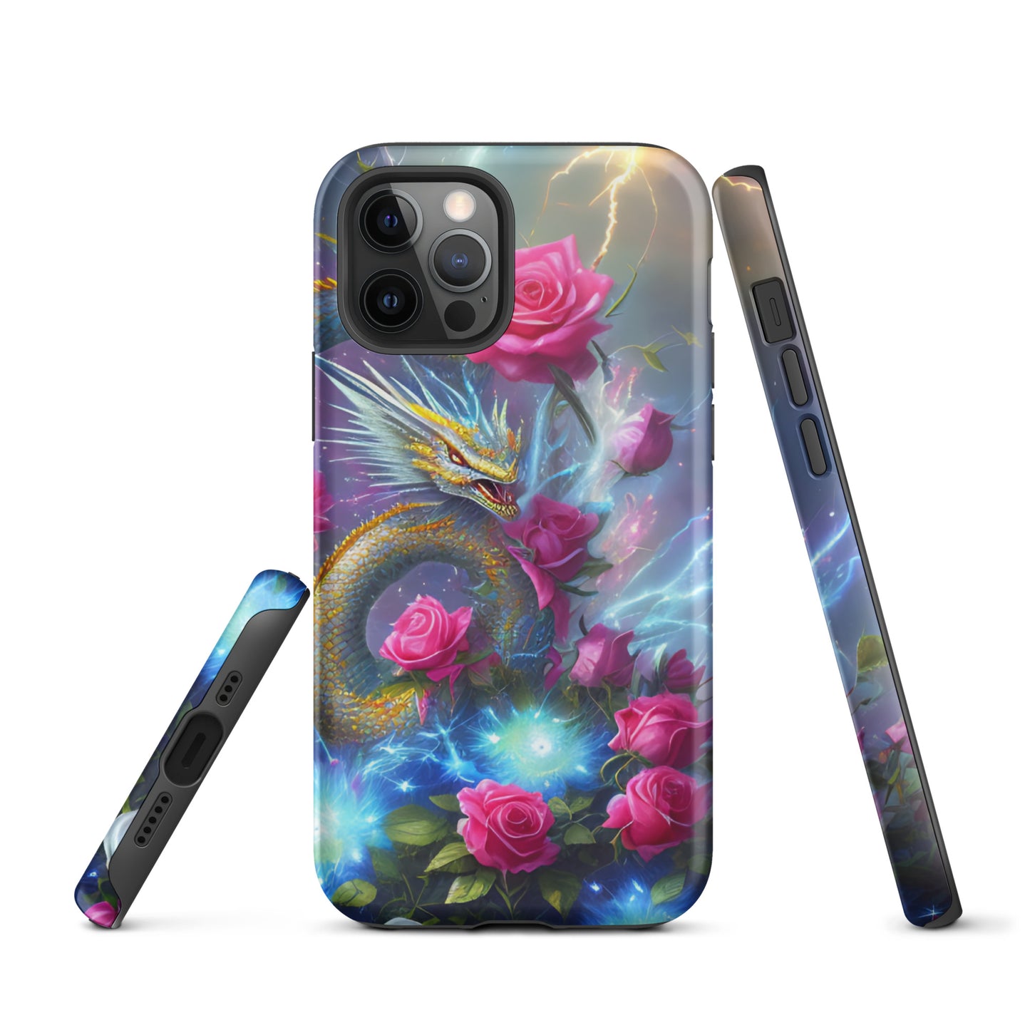 A fantasy picture of Dragon Garden #3 iPhone tough case with pink of roses and in the middle is a blue and gold dragon with colorful lightning bolts - glossy-iphone-12-pro-front