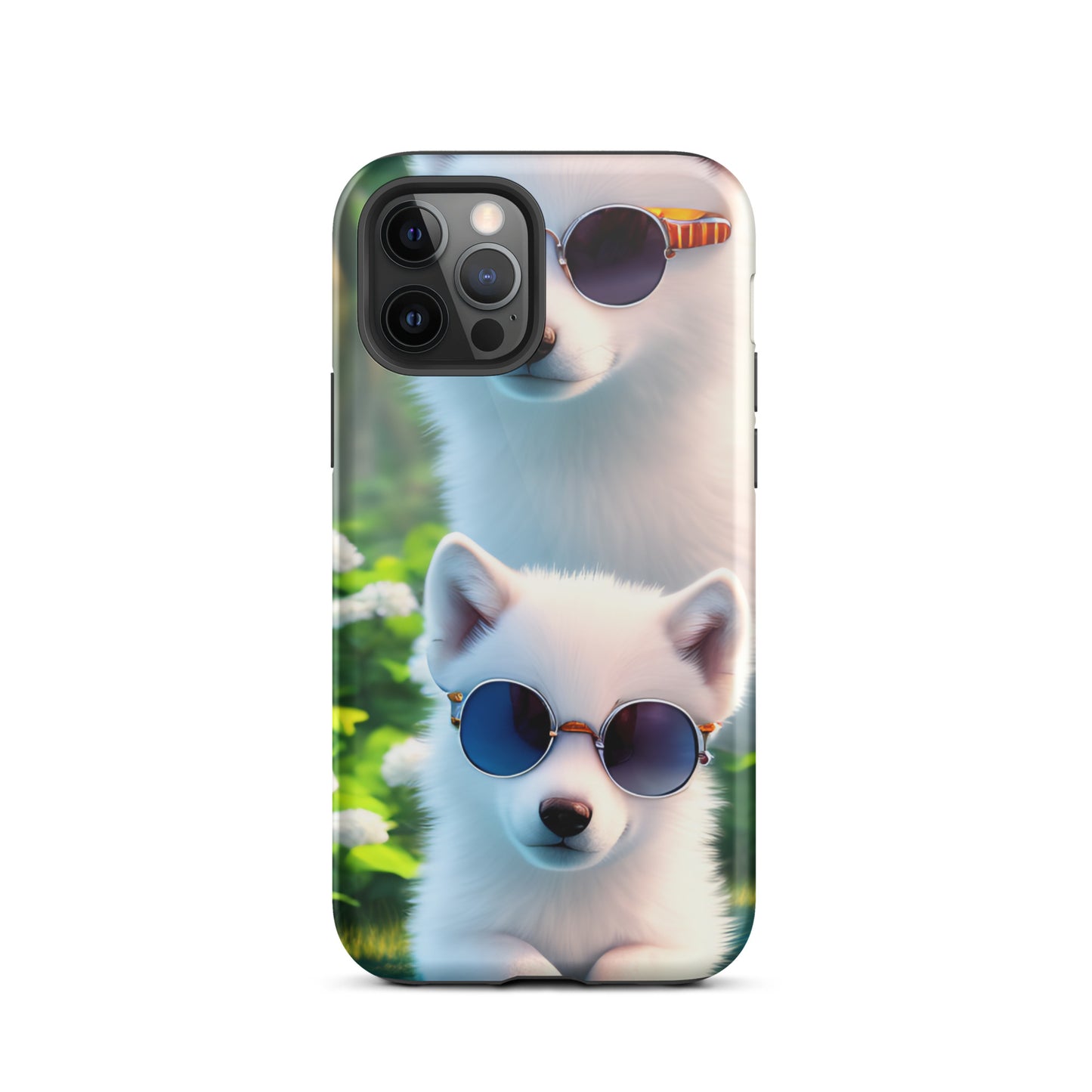 A fantasy picture of 2 white wolf cubs wearing sunglasses iPhone tough case with many colored flowers and 2 wolf cubs  - glossy-iphone-12-pro-front