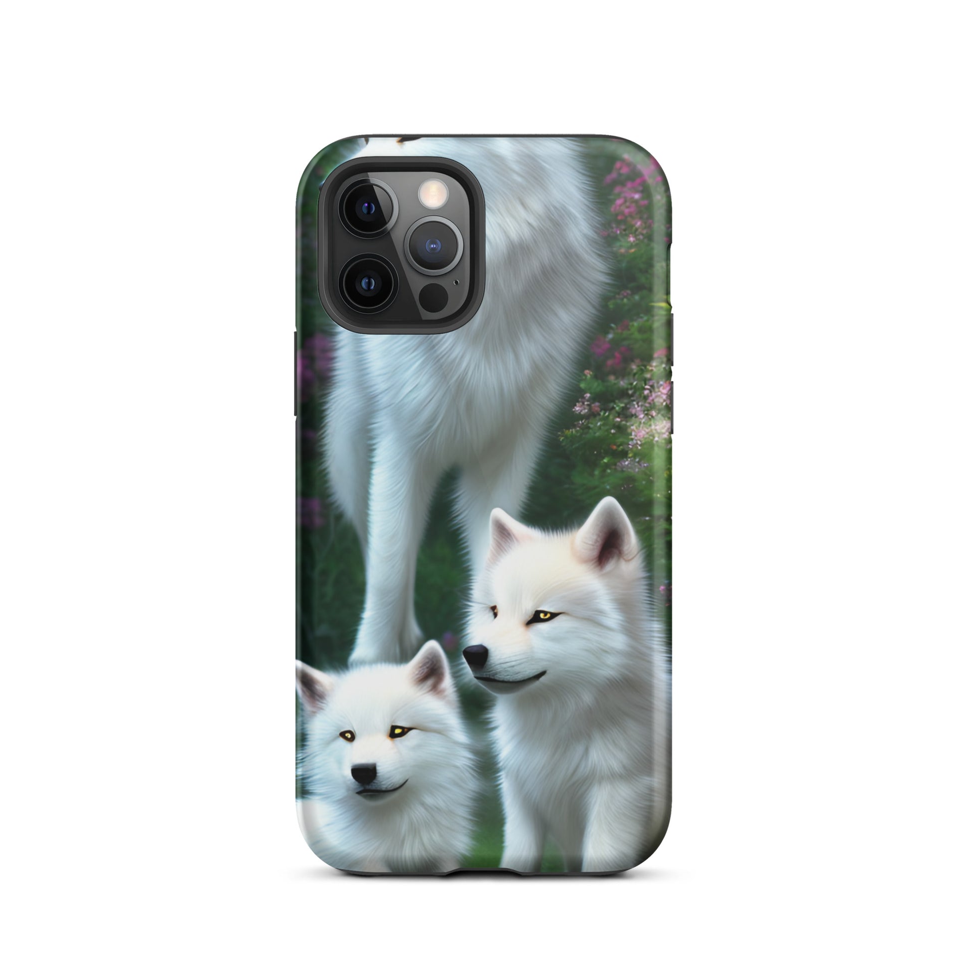 A fantasy picture of white wolves iPhone tough case with many colored flowers and 2 wolf cubs bottom front with an Mother Wolf standing behind - glossy-iphone-12-pro-front