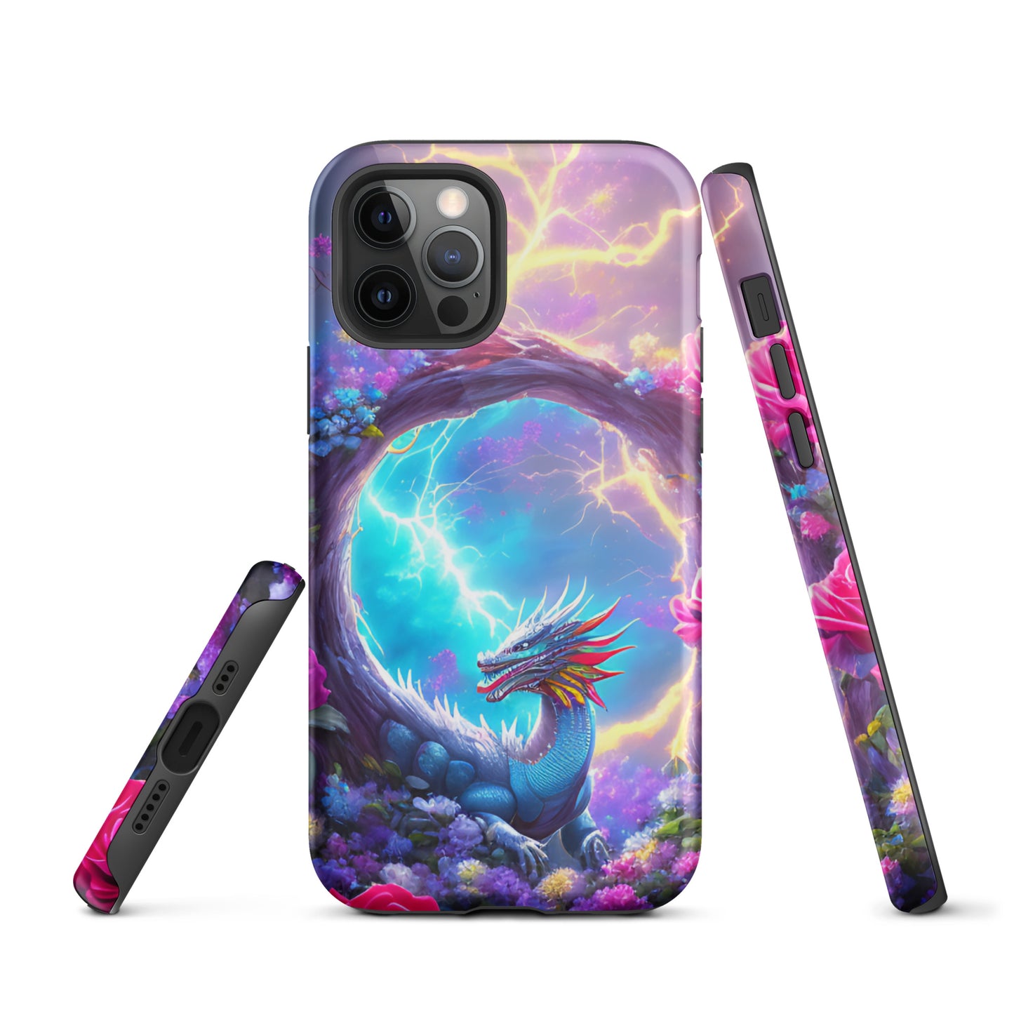 A fantasy picture of Dragon Garden iPhone tough case with many colors of roses and in the middle is a rainbow dragon with lightning bolts - glossy-iphone-12-pro-front