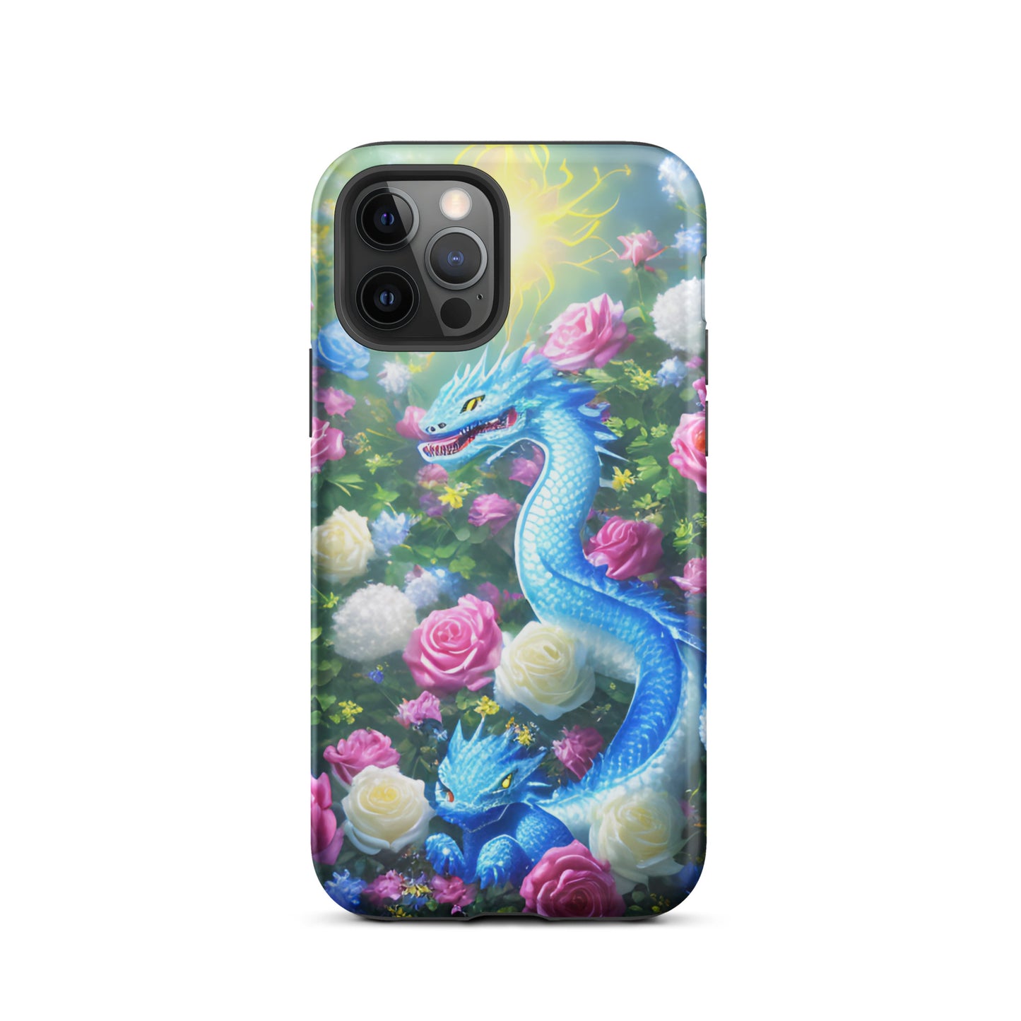 A fantasy picture of Dragon Garden #5 iPhone tough case with many colors of roses and in the middle is a blue dragon with it's baby - glossy-iphone-12-pro-front