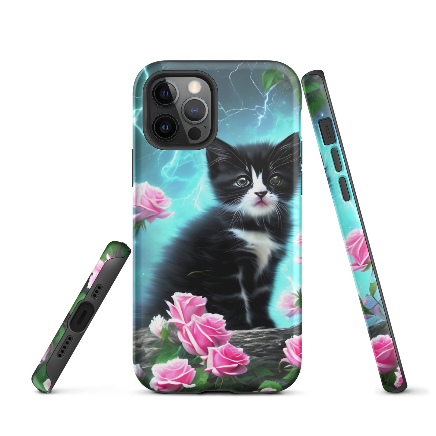 A picture of a iphone tough case with a Black and White Kitten and some pink roses - glossy-iphone-12-pro-front