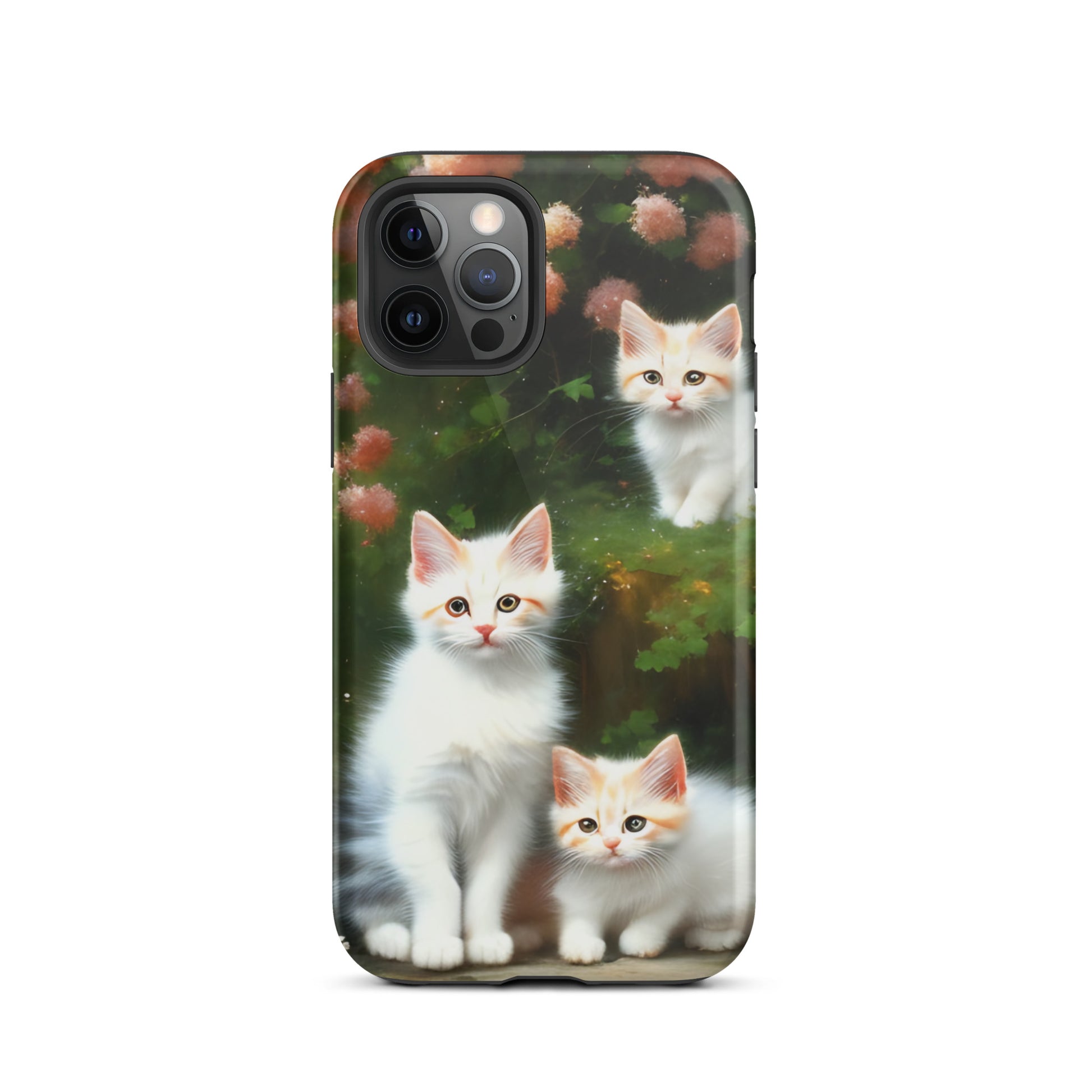 A picture of a iphone tough case with 3 fluffy white and orange kittens and peach colored flowers in the background - glossy-iphone-12-pro-front