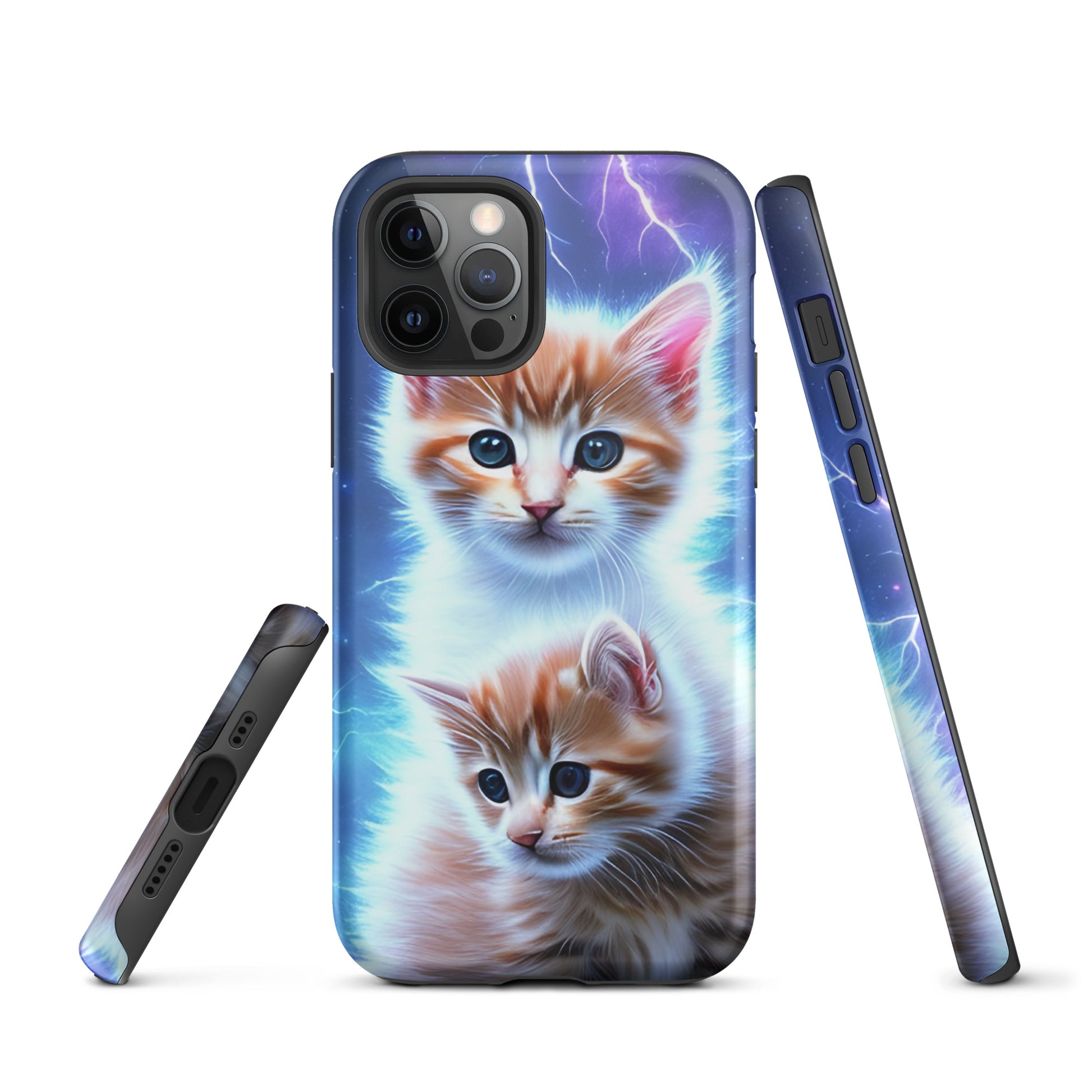 A picture of a iphone tough mobile phone case with fluffy 2 orange and white kittens against a stormy background - glossy-iphone-12-pro-front