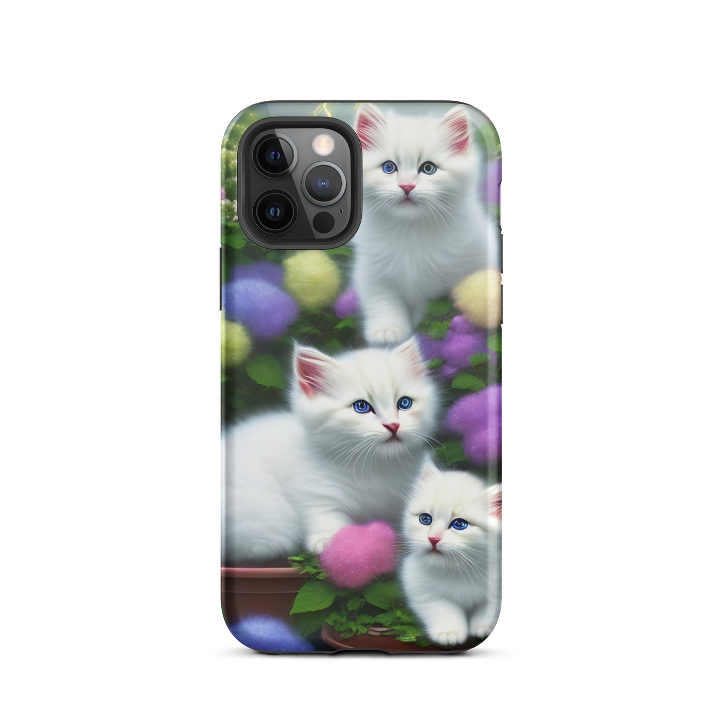 A picture of a iphone tough case with a picture of 3 pure white kittens with blue eyes in a garden filled with flowers - glossy-iphone-12-pro-front