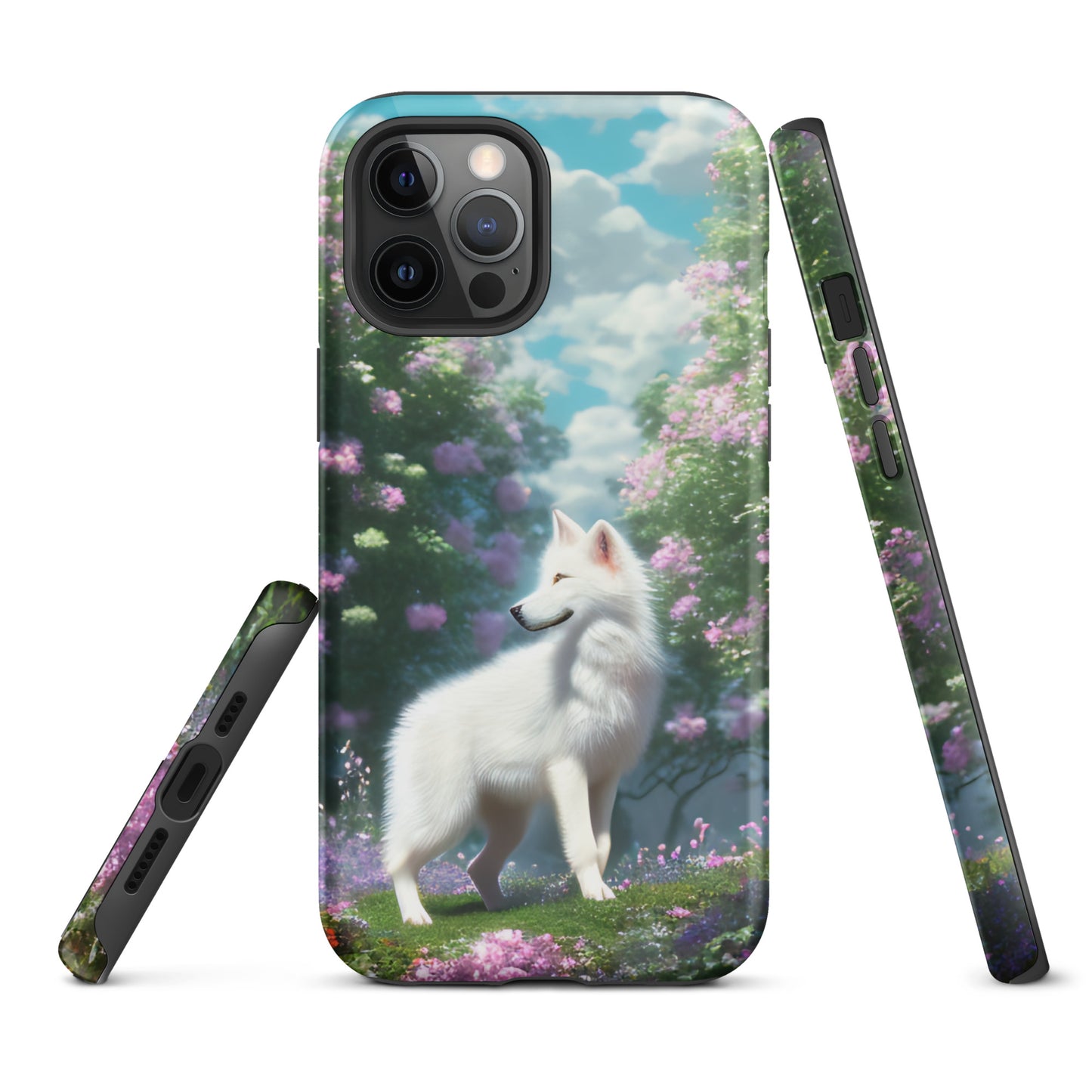 A fantasy picture of white wolf iPhone tough case full picture of a lone white wolf standing in a garden full of flowers - glossy-iphone-12-pro-max-front