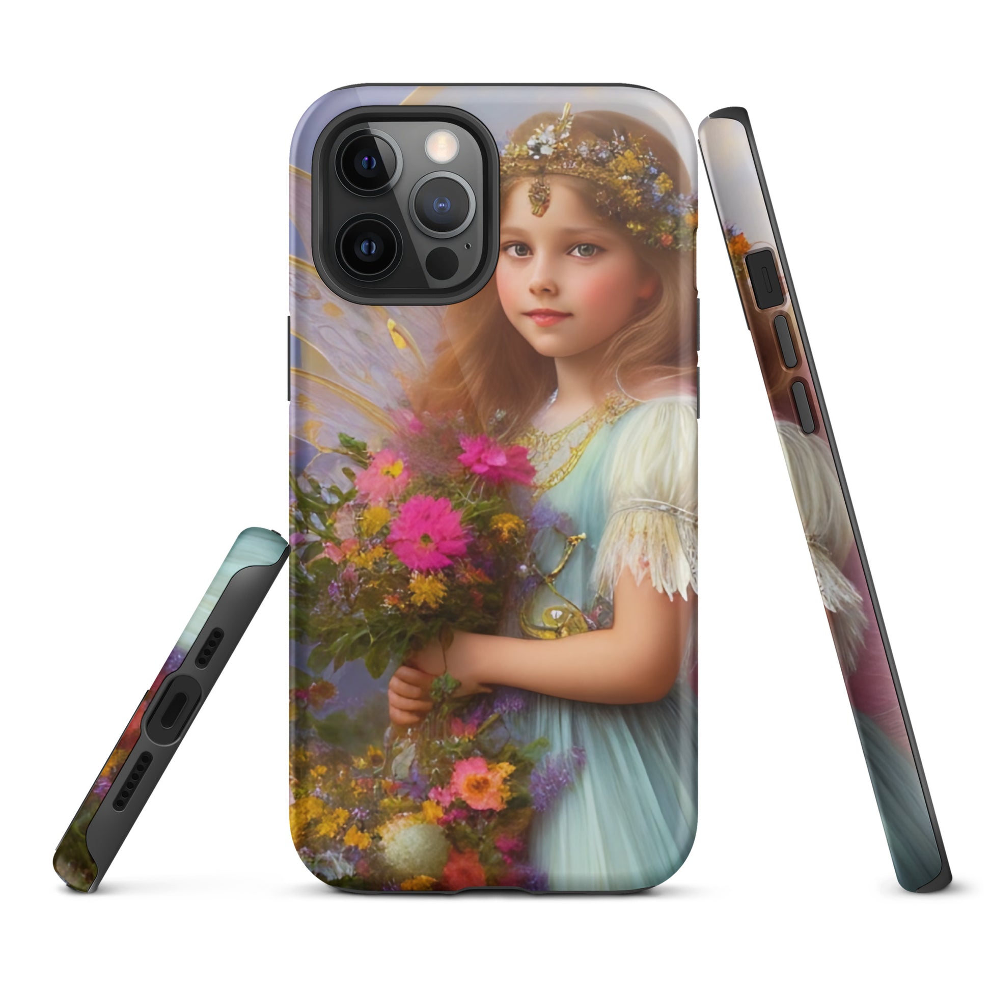 A picture of a iphone tough case with a beautiful young fairy princess, glittering crown and detailed dress. She is holding a bunch of colorful flowers and has very pretty fairy wings   - glossy-iphone-12-pro-max-front